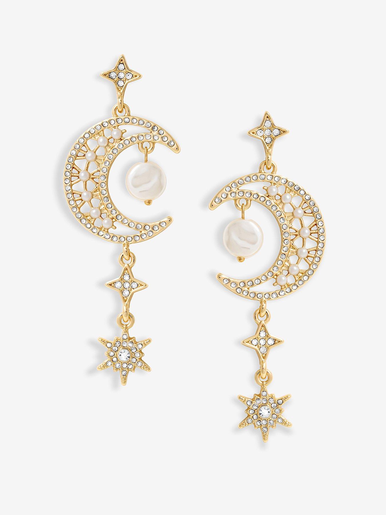 undefined Gold Crystal And Pearl Moon Charm Drop Earrings