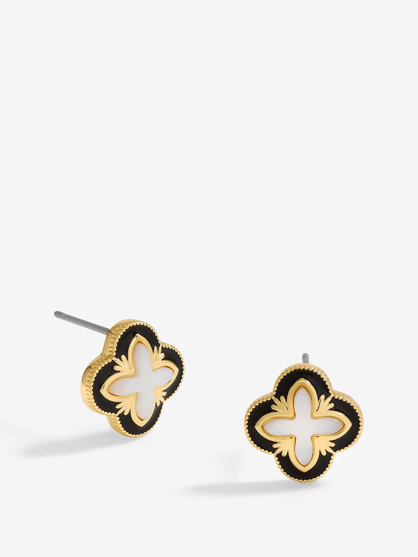 Image of Inicio Gold Plated Jet Enamel And Mother Of Pearl Clover Earrings - Gift Pouch