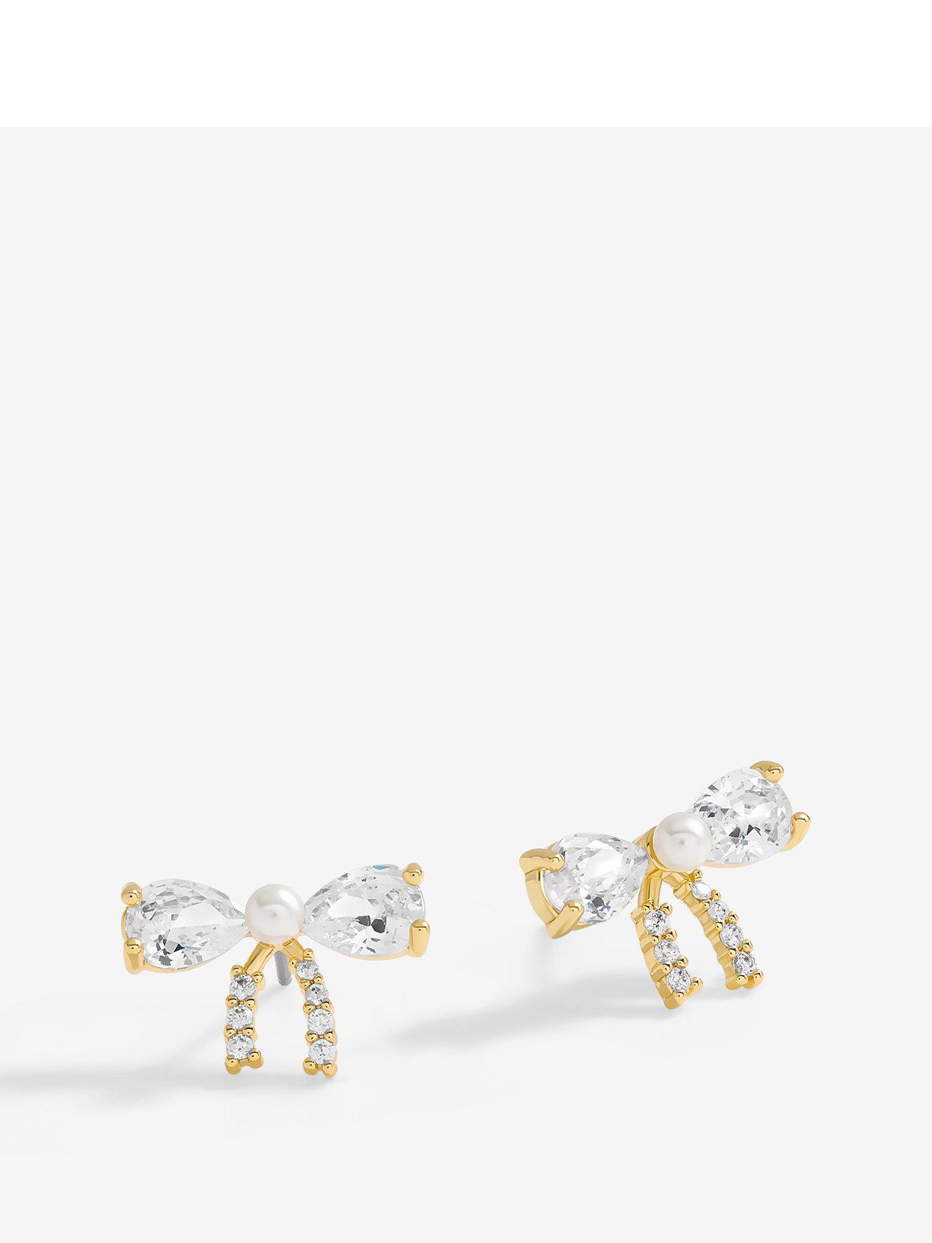 Product photograph of Jon Richard Gold Plated Cubic Zirconia And Pearl Bow Earrings from very.co.uk