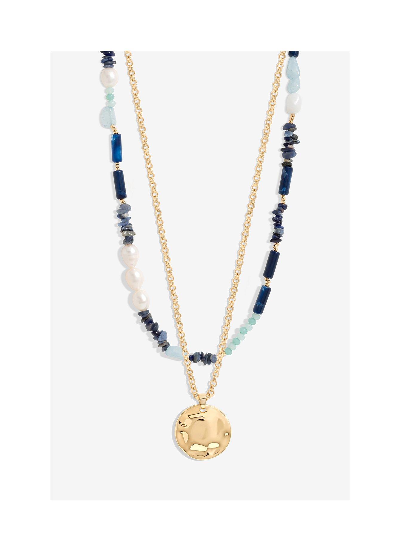 undefined Gold Blue Bead And Molten Disc Layered Necklace - Pack Of 2