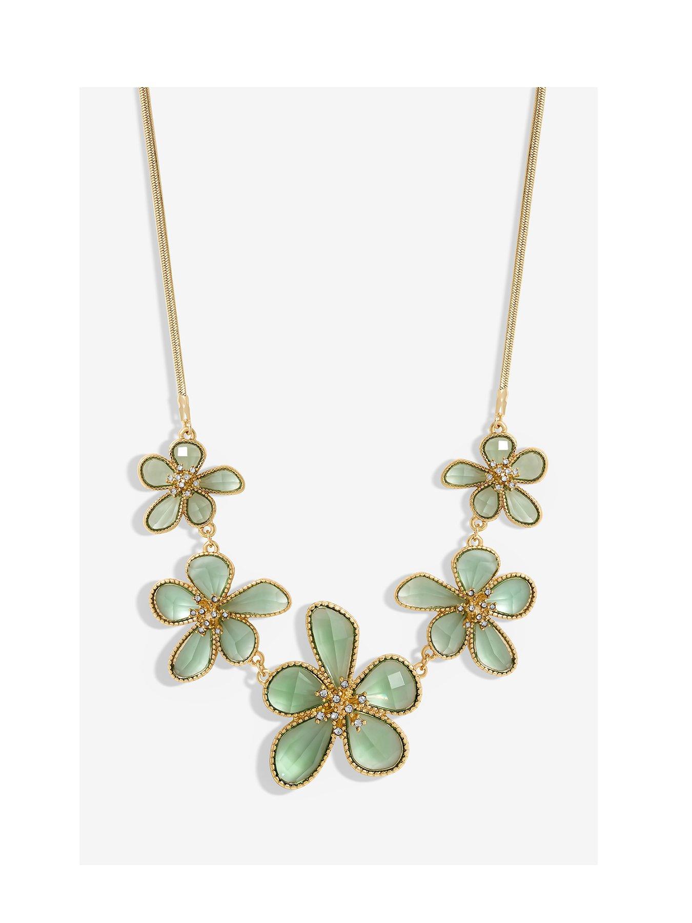 undefined Gold Crystal And Green Glass Flower Necklace
