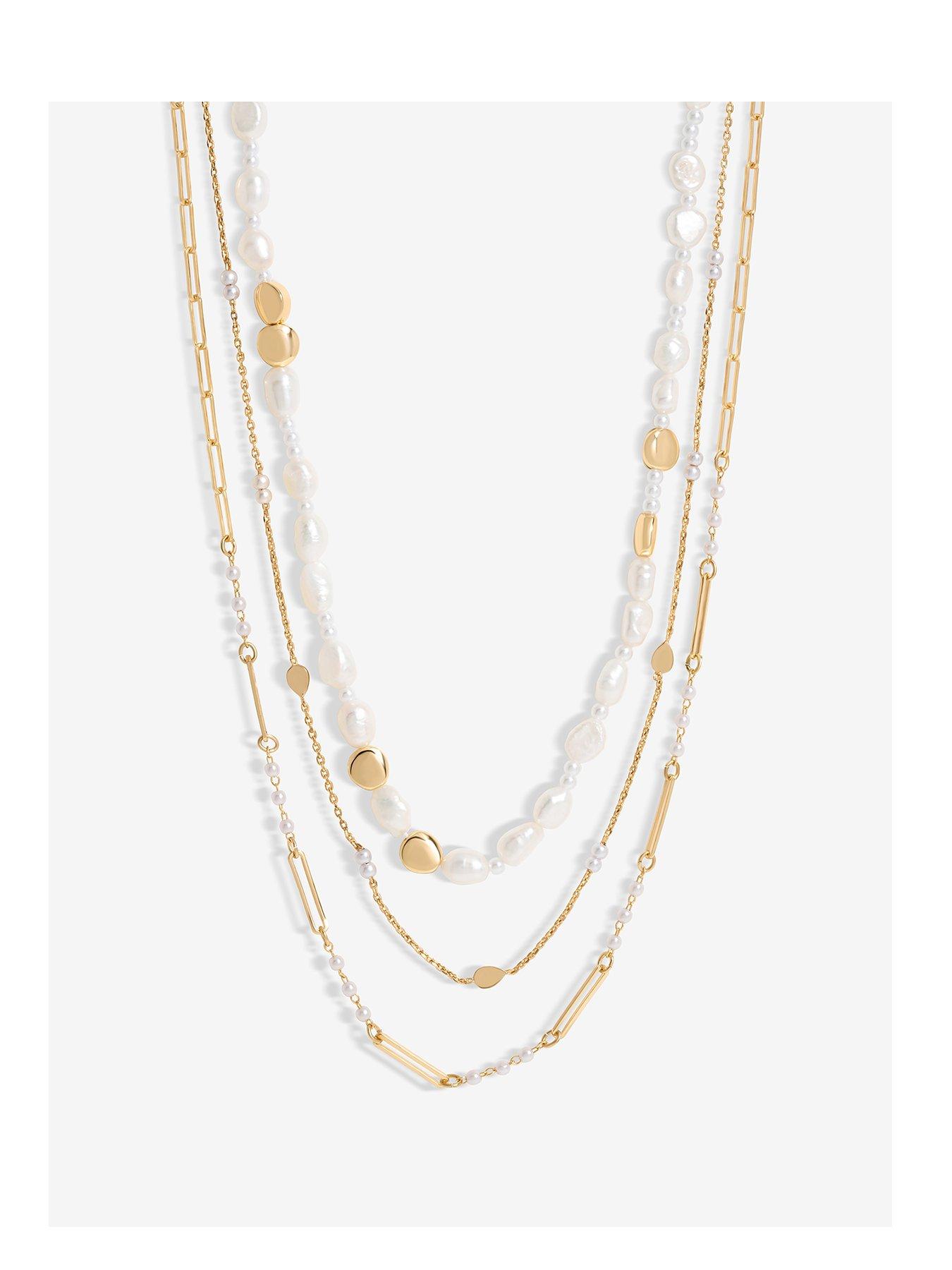 undefined Gold Plated Semi Precious Pearl And Chain Layered Necklace - Gift Pouch