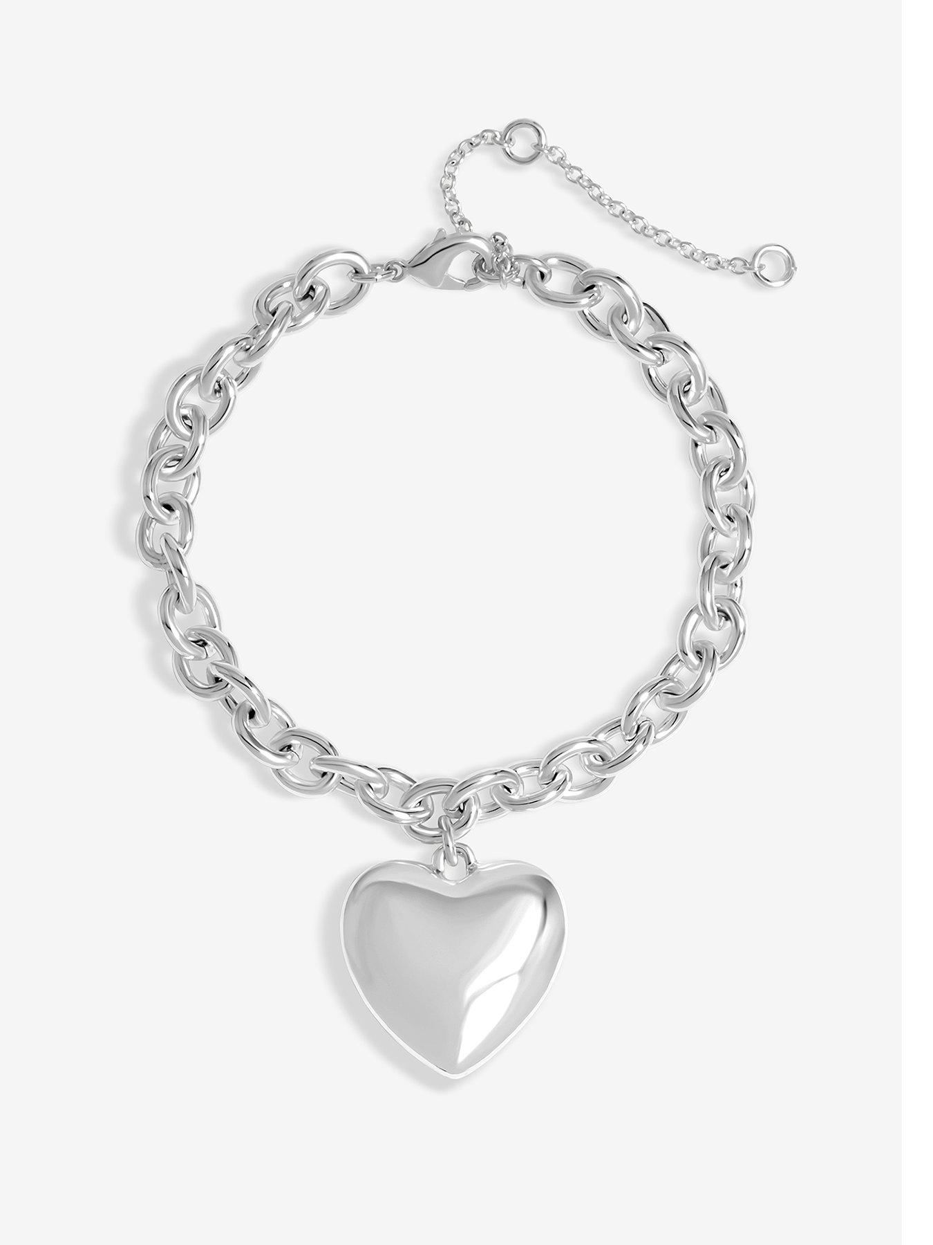undefined Silver Polished Puffed Heart Double Chain Bracelet