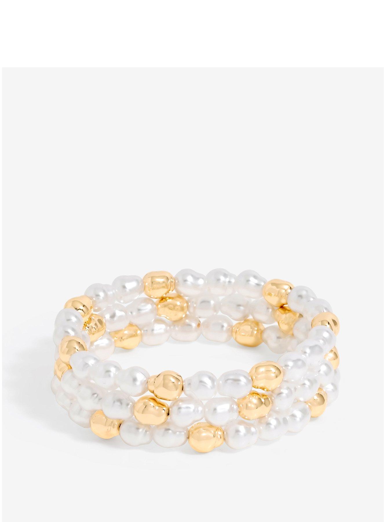 Product photograph of Mood Gold Pearl And Polished Stretch Bracelets - Pack Of 3 from very.co.uk