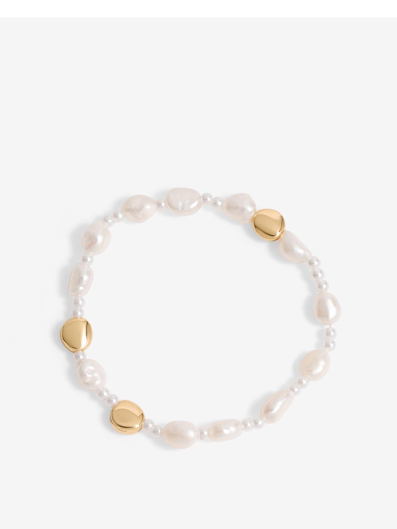undefined Gold Plated Semi Precious Pearl And Polished Stretch Bracelet - Gift Pouch