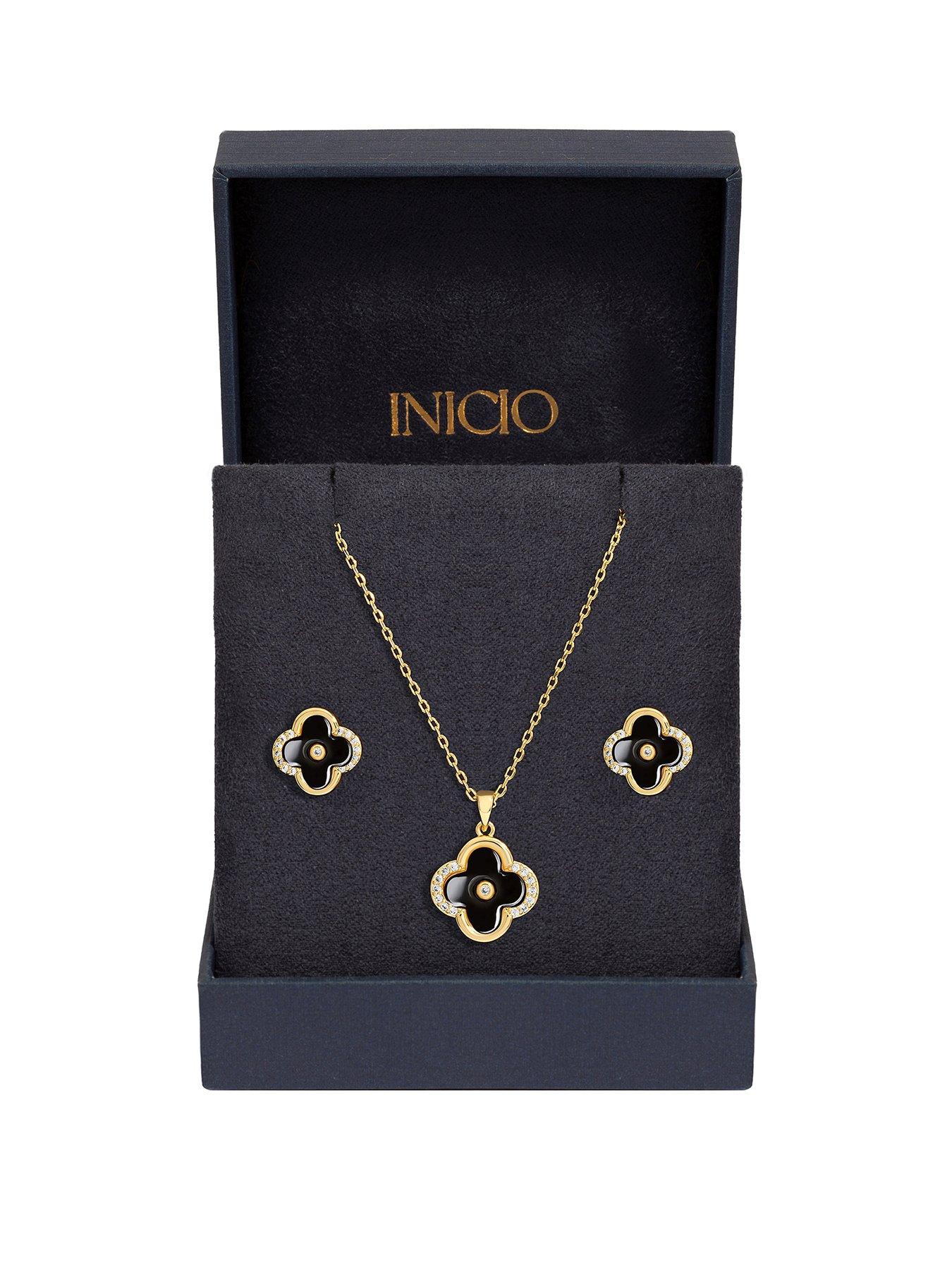 Image of Inicio Gold Plated And Jet Enamel Clover Set - Gift Boxed