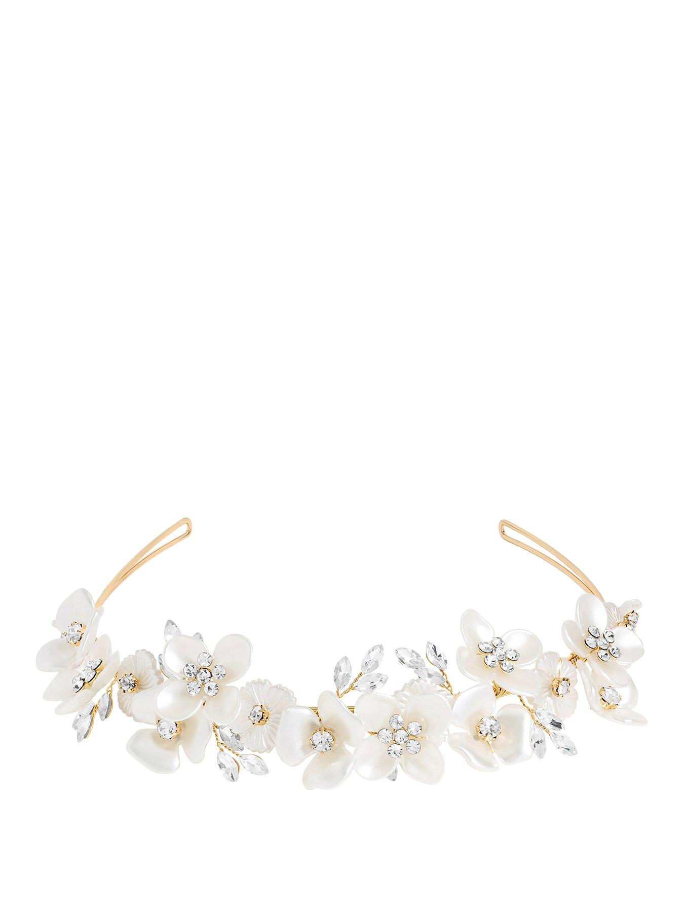 undefined Gold Plated White Floral And Crystal Headband
