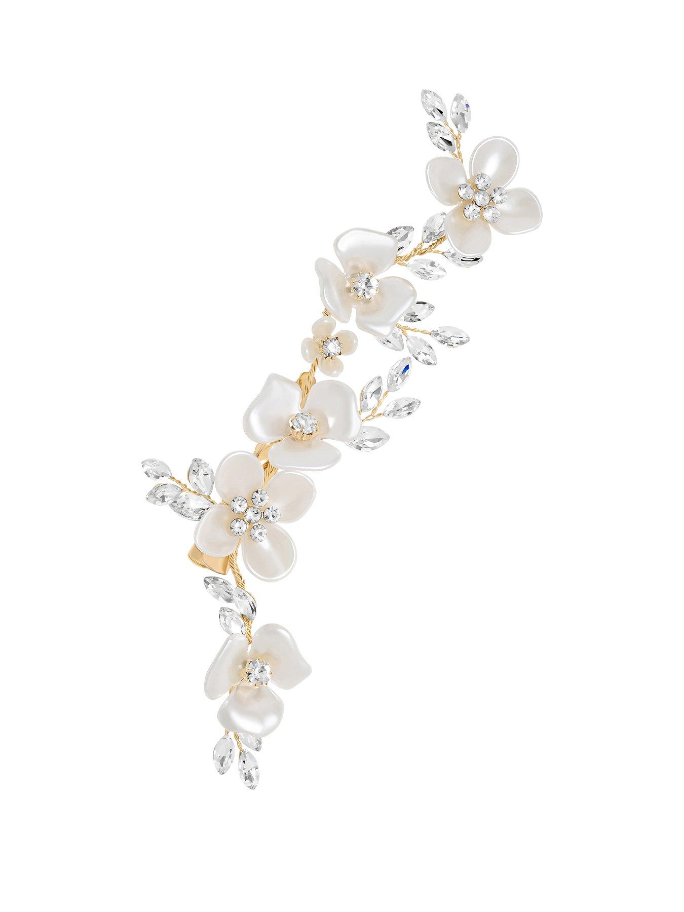 undefined Gold Plated White Floral And Crystal Hair Slide