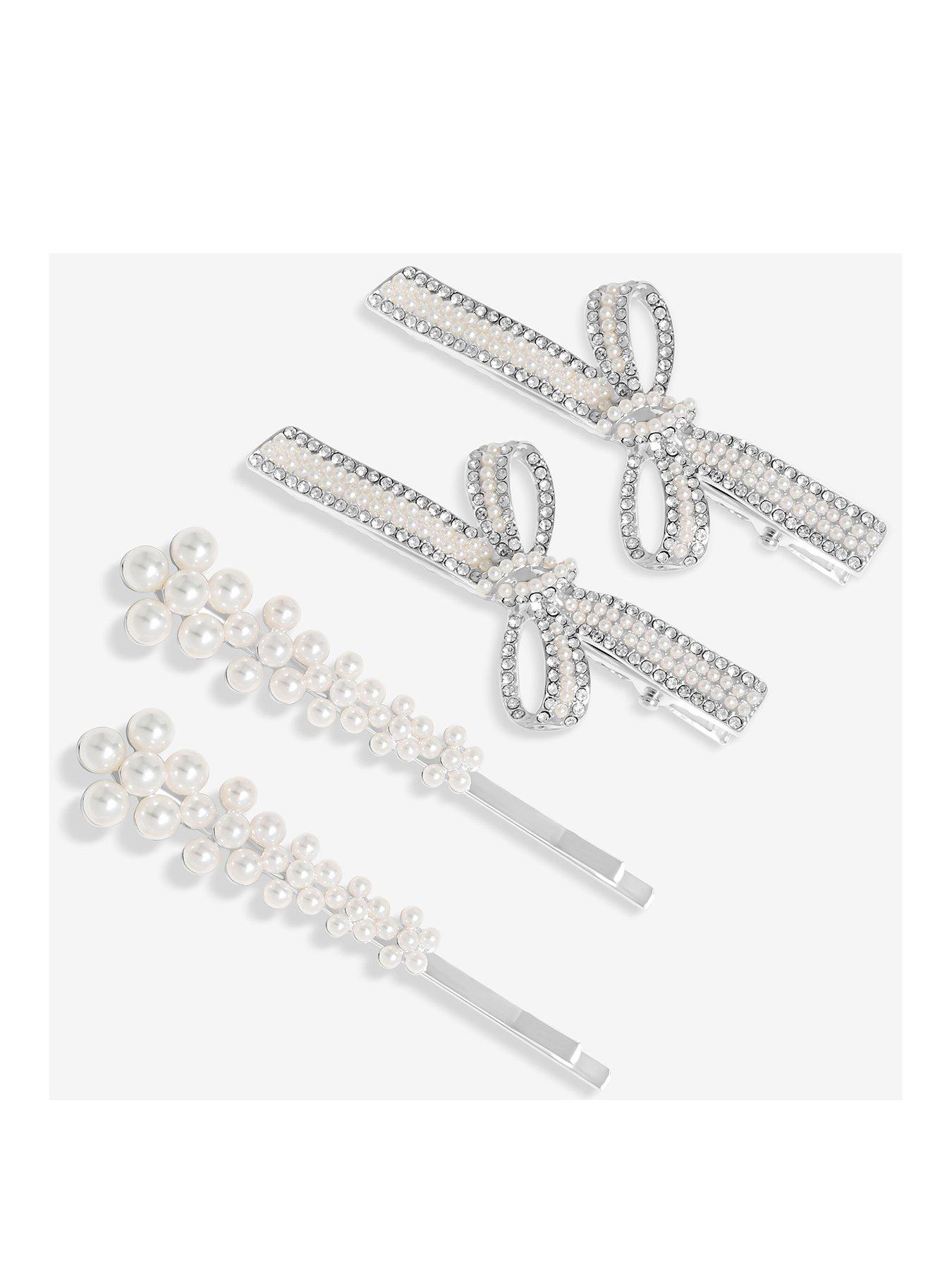 undefined Silver Plated Pearl Bow And Floral Hair Slides - Pack Of 4