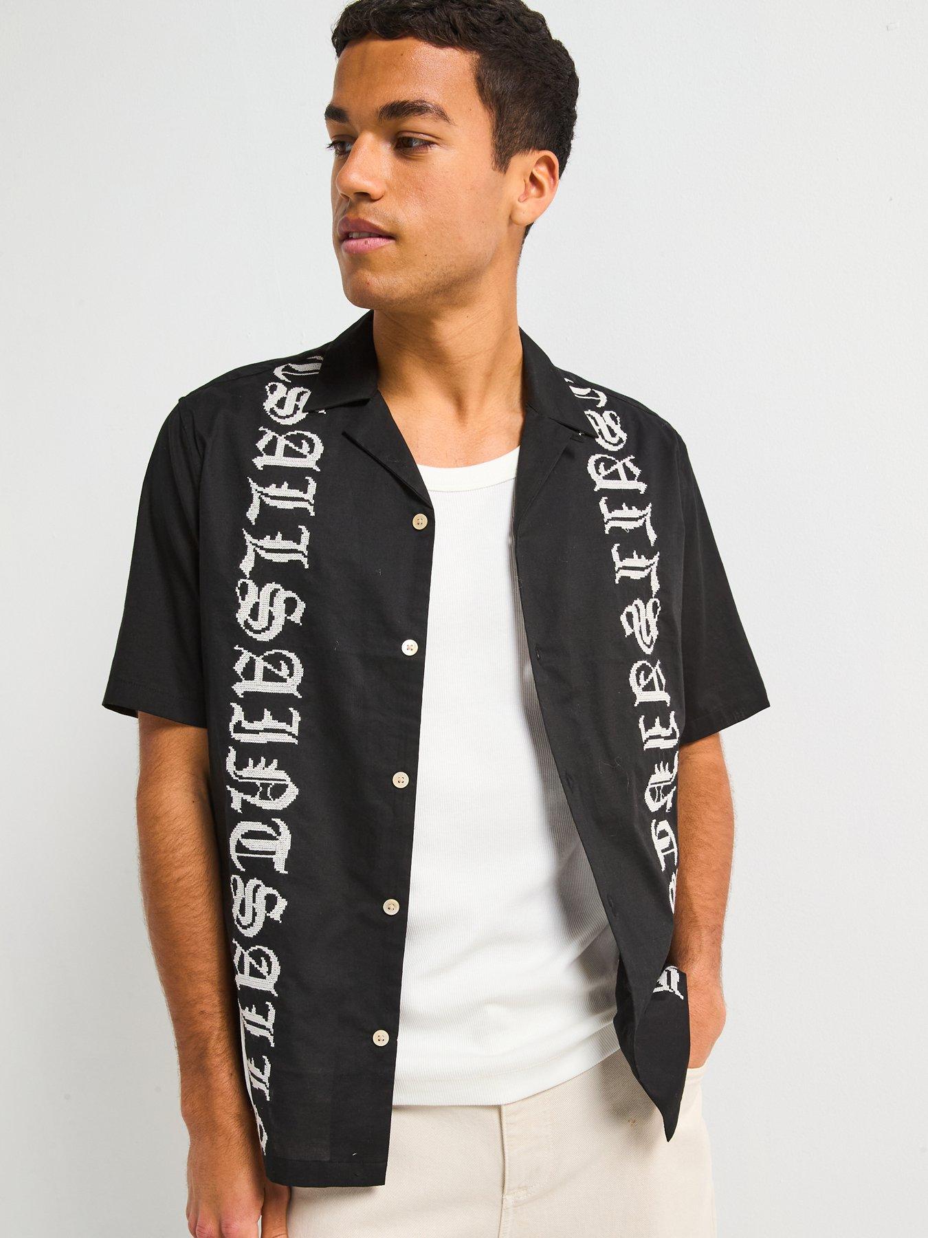 undefined All Saints Scripture Short Sleeve Casual Shirt - Black