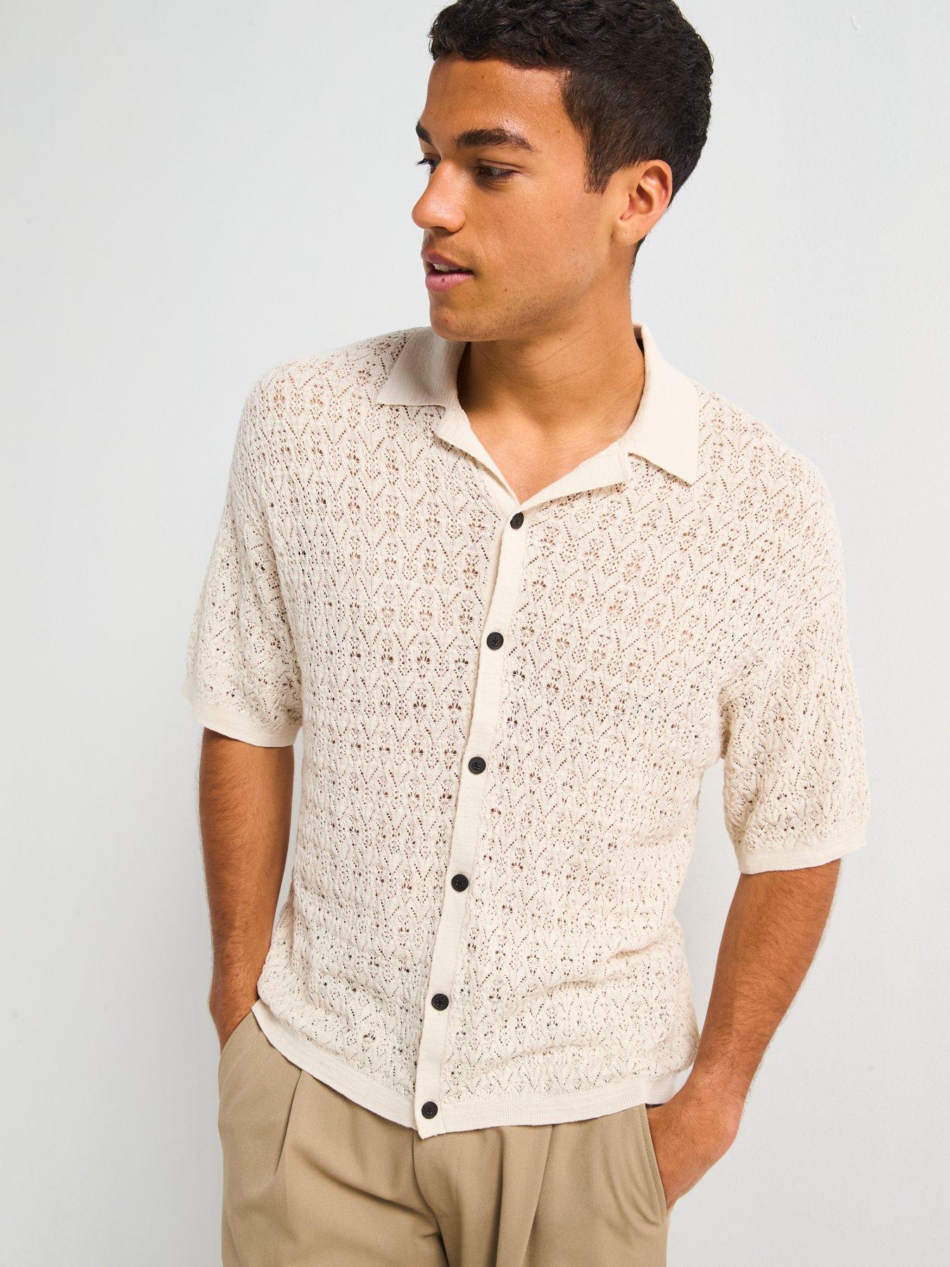 undefined All Saints Loire Short Sleeve Textured Knit Shirt-white