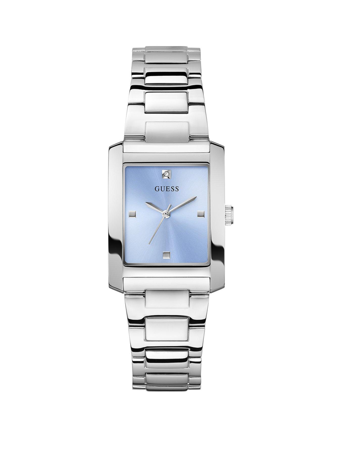undefined stainless steel case, ice blue dial with diamonds details and stainless steel bracelet