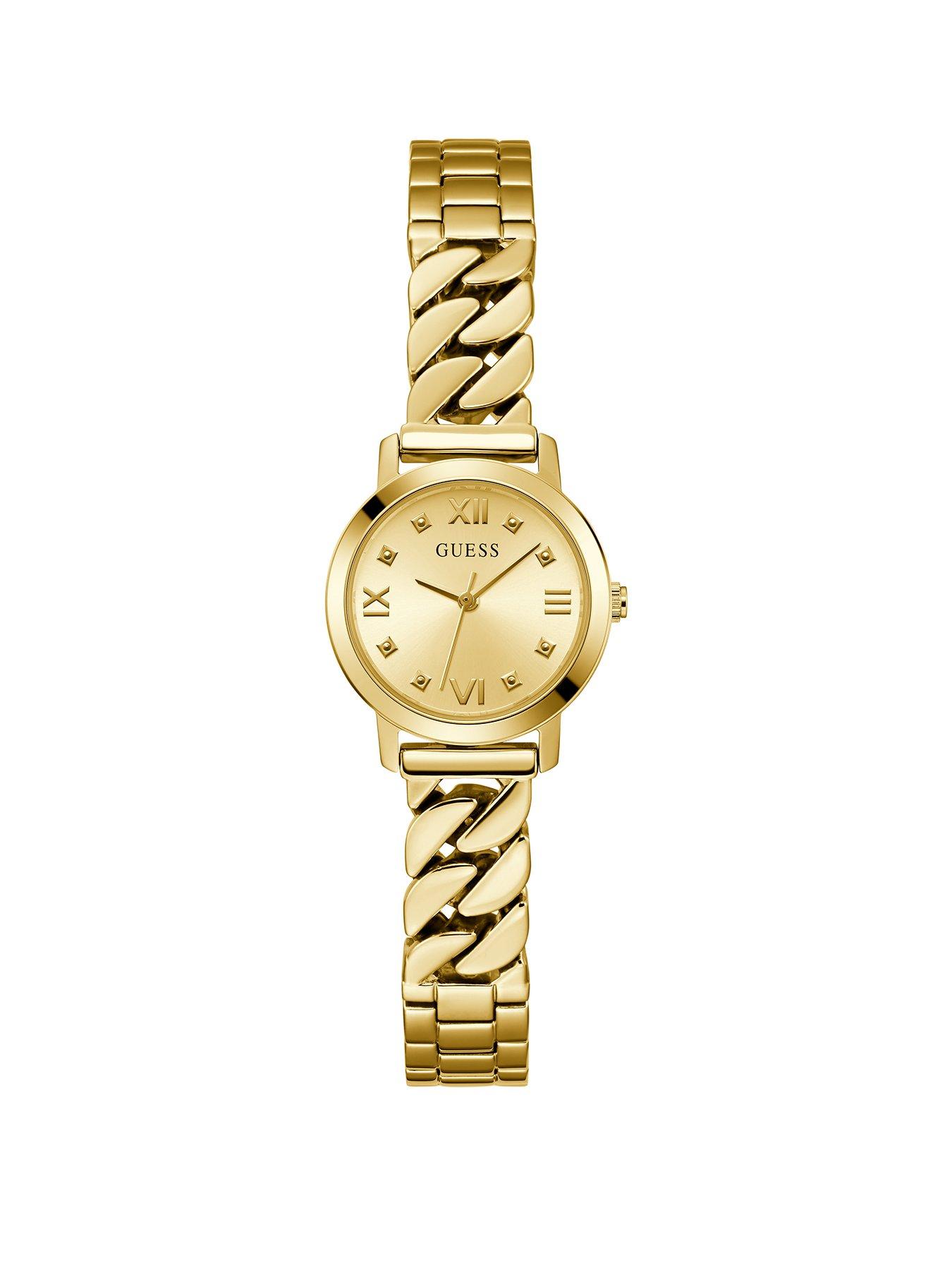 undefined gold tone case, sunray champagne dial and gold tone bracelet with adjustable G links