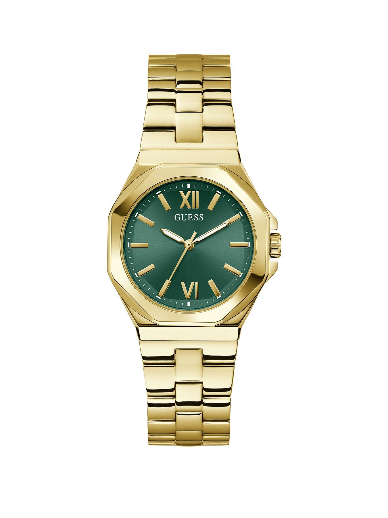 Guess gold tone case, sunray green dial with gold tone bracelet