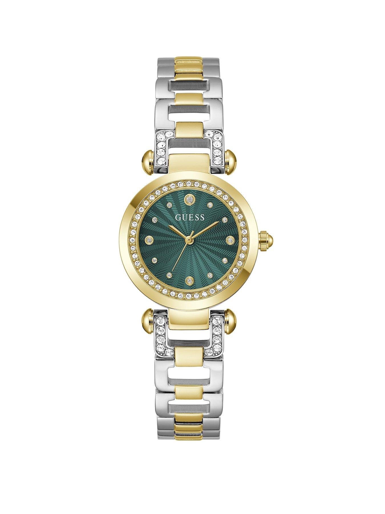 Guess two tone case, sunray green dial, two tone bracelet with adjustable G links