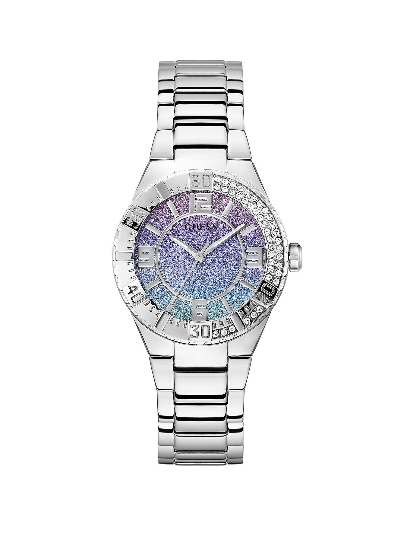 Guess stainless steel case with crystals, ombre blue glitz dial with stainless steel bracelet