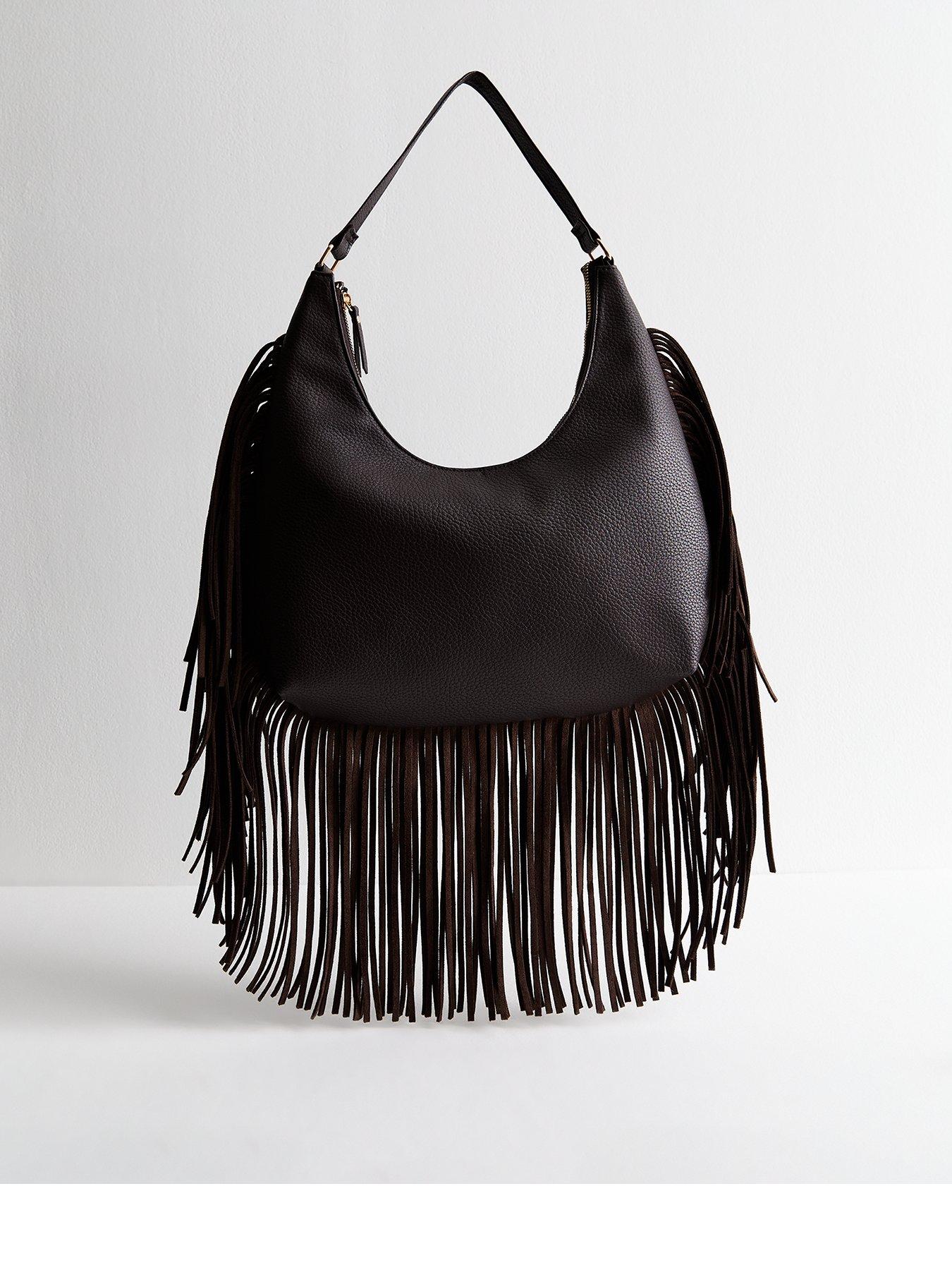 undefined Dark Brown Faux Leather Fringed Shoulder Bag