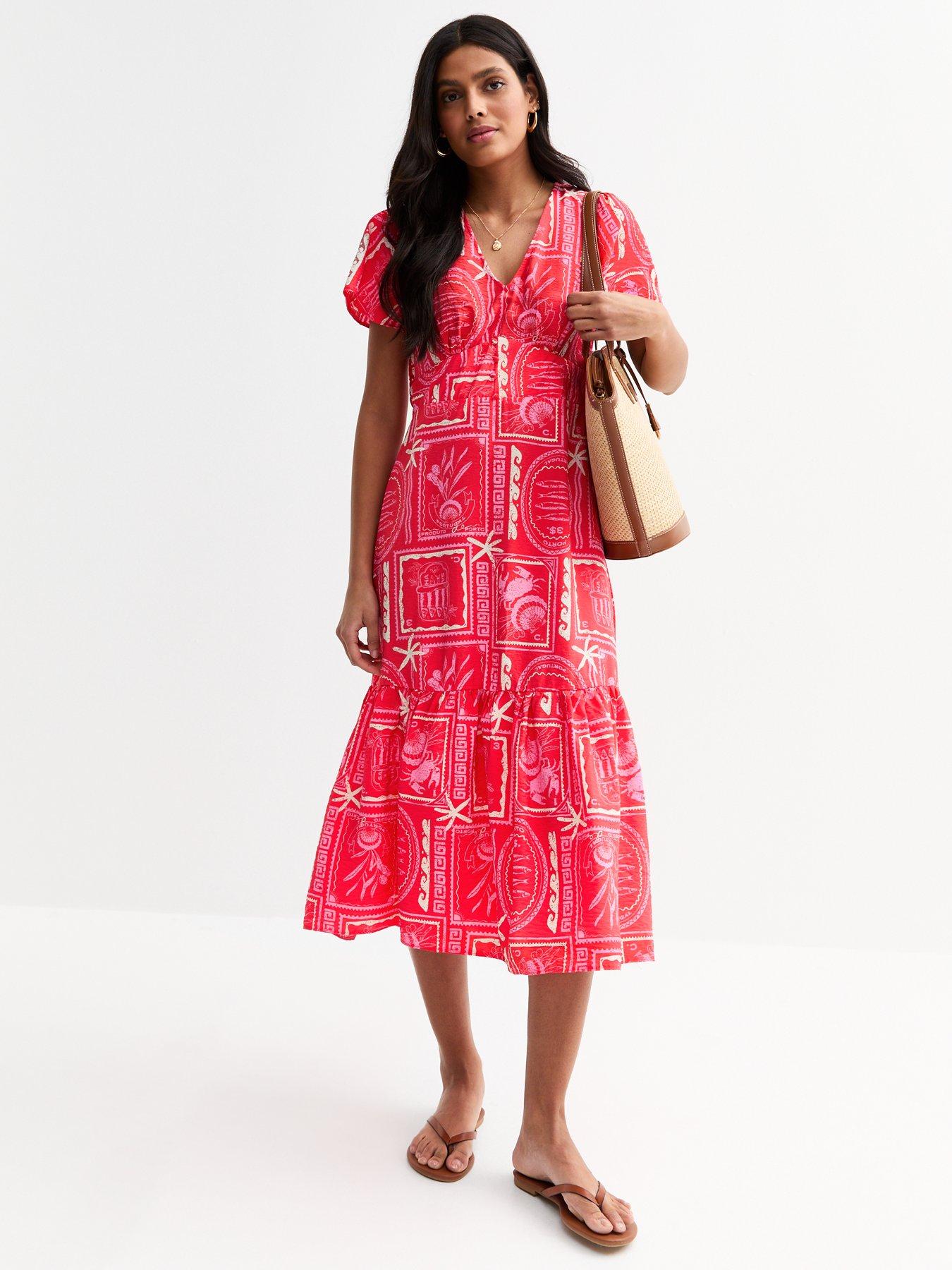 Image 1 of 4 of New Look Pink Sea Print Tiered Midi Dress