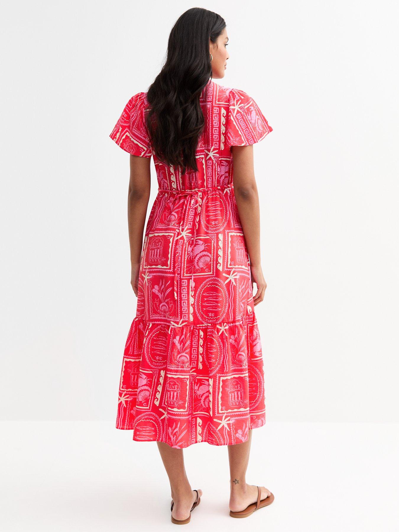 Image 2 of 4 of New Look Pink Sea Print Tiered Midi Dress