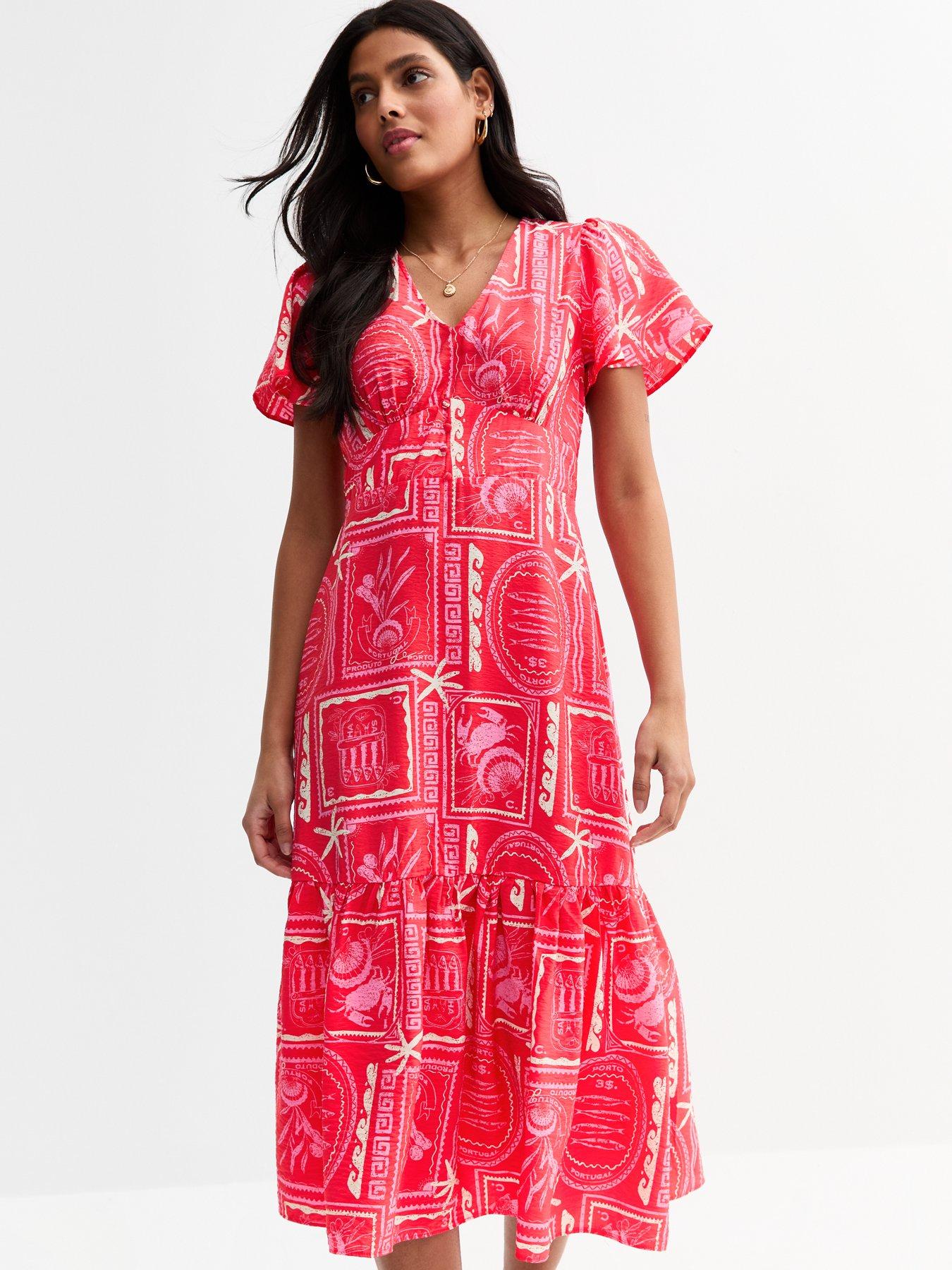Image 3 of 4 of New Look Pink Sea Print Tiered Midi Dress