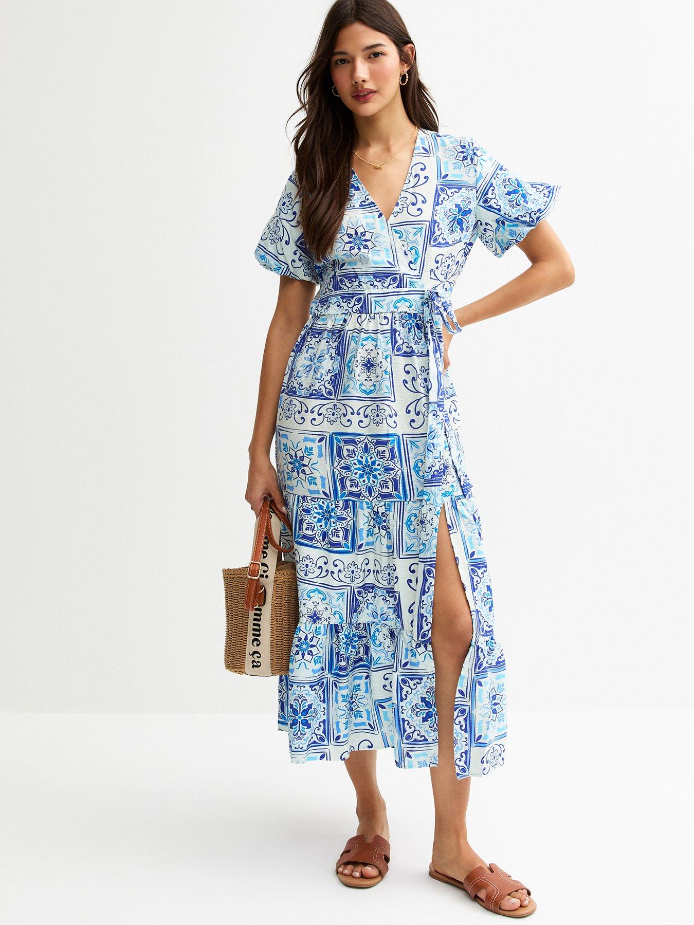 New Look: Mary Tile Tier Wrap Midi - Blue