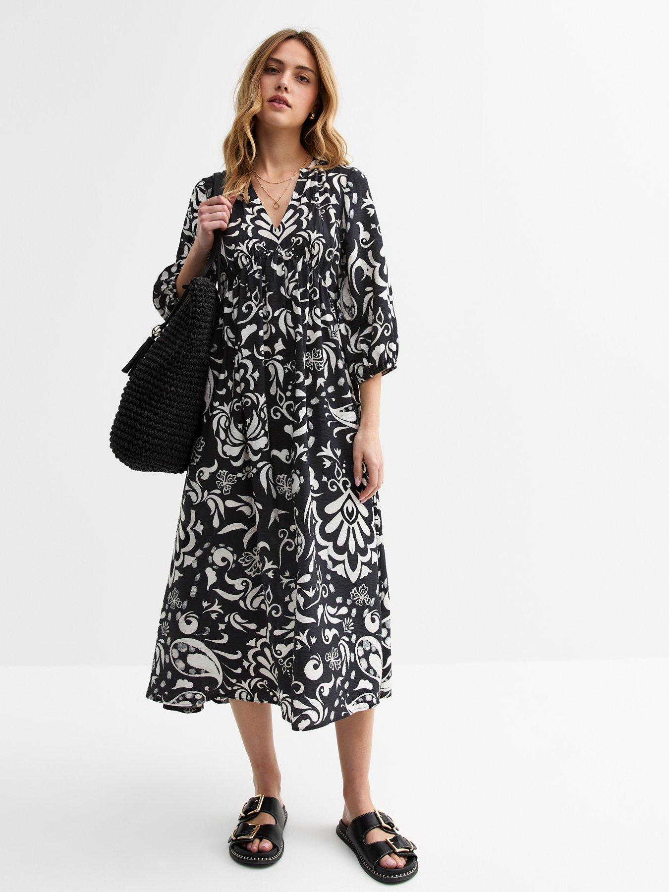 undefined Black Abstract Print Midi Smock Dress