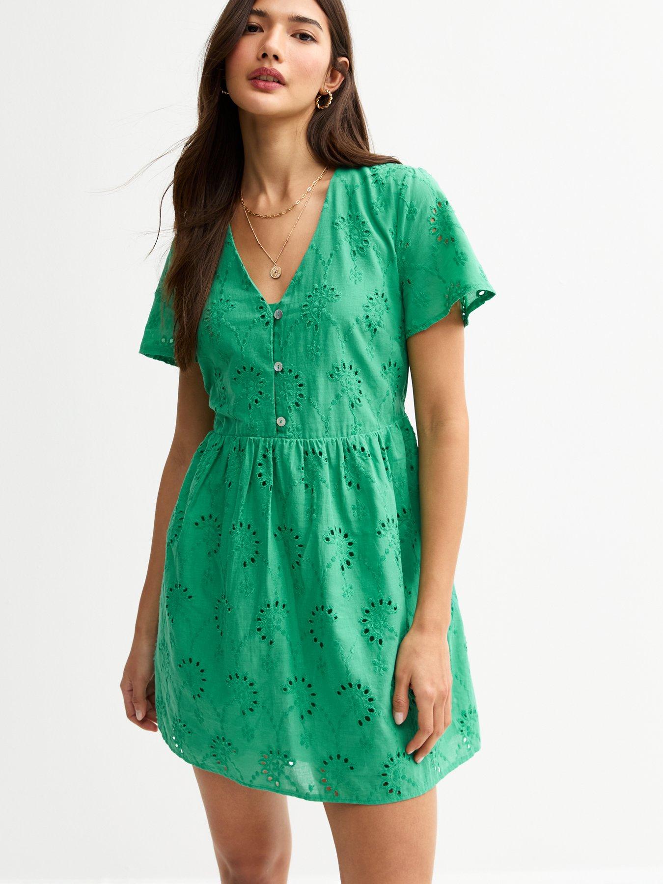 undefined Green Broderie Anglaise V Neck Mini Dress