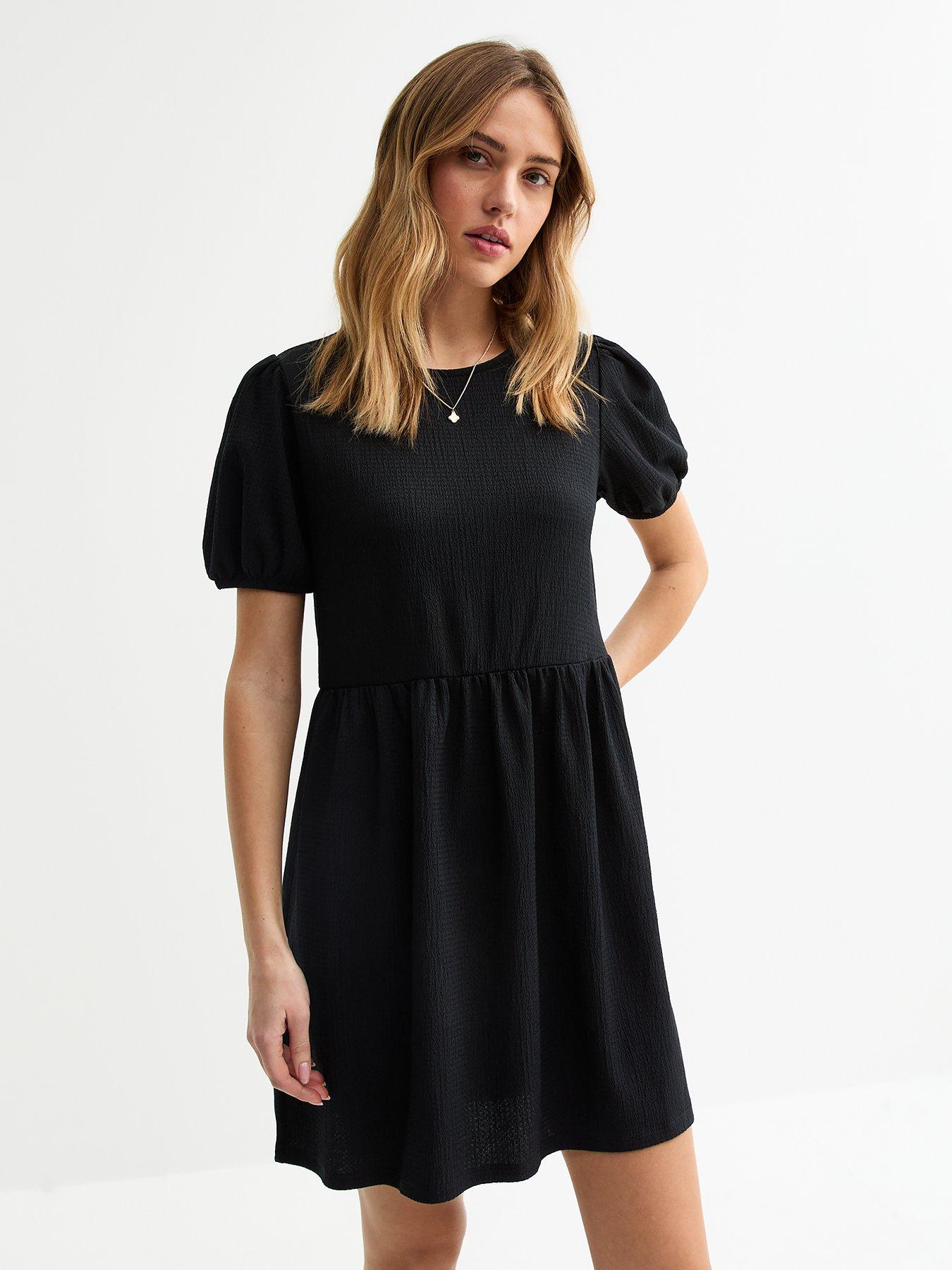 Image of New Look Black Bow Back Crinkled Mini Smock Dress