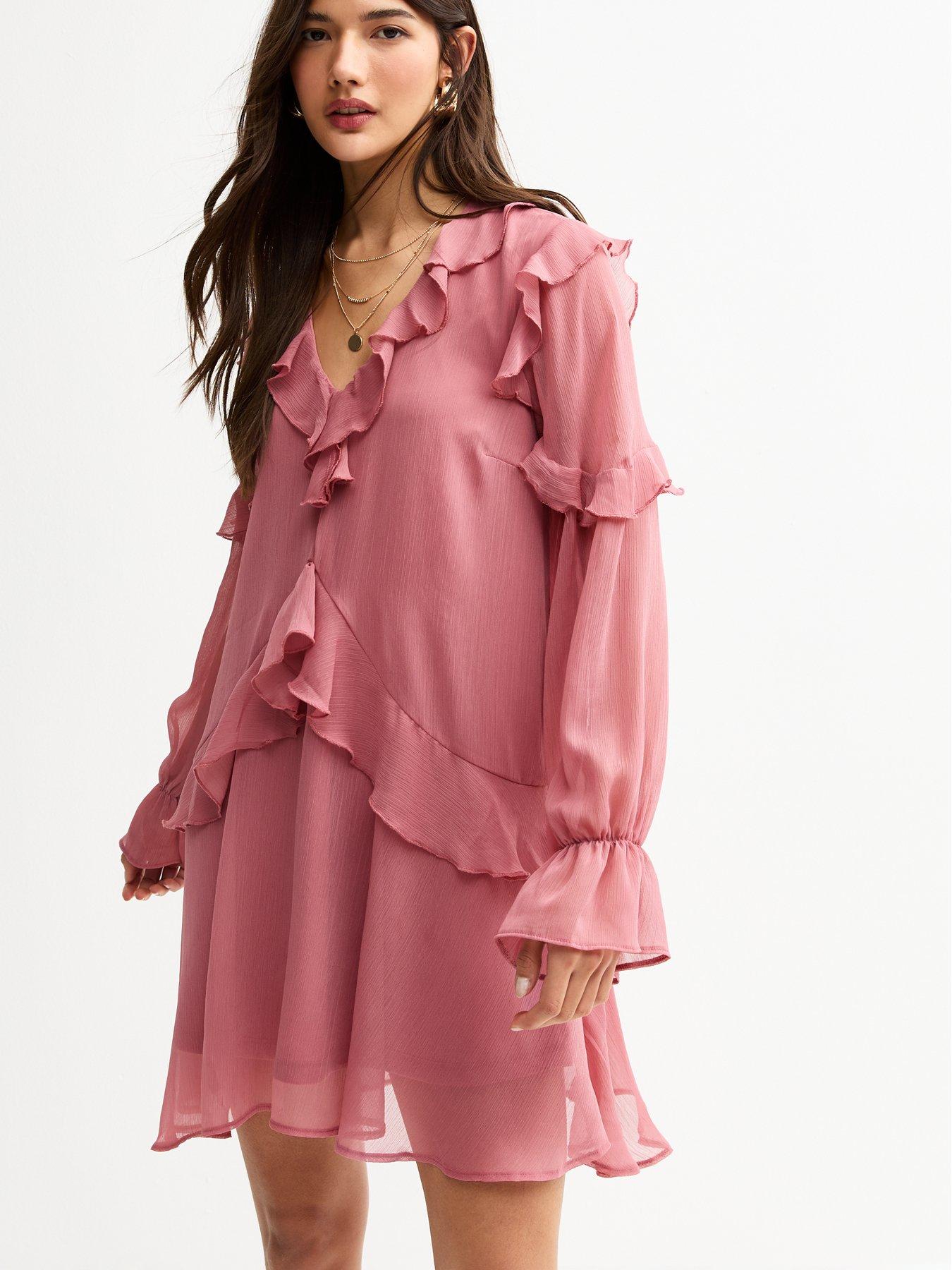 New Look Pink Chiffon Ruffled Long Sleeve Mini Dress