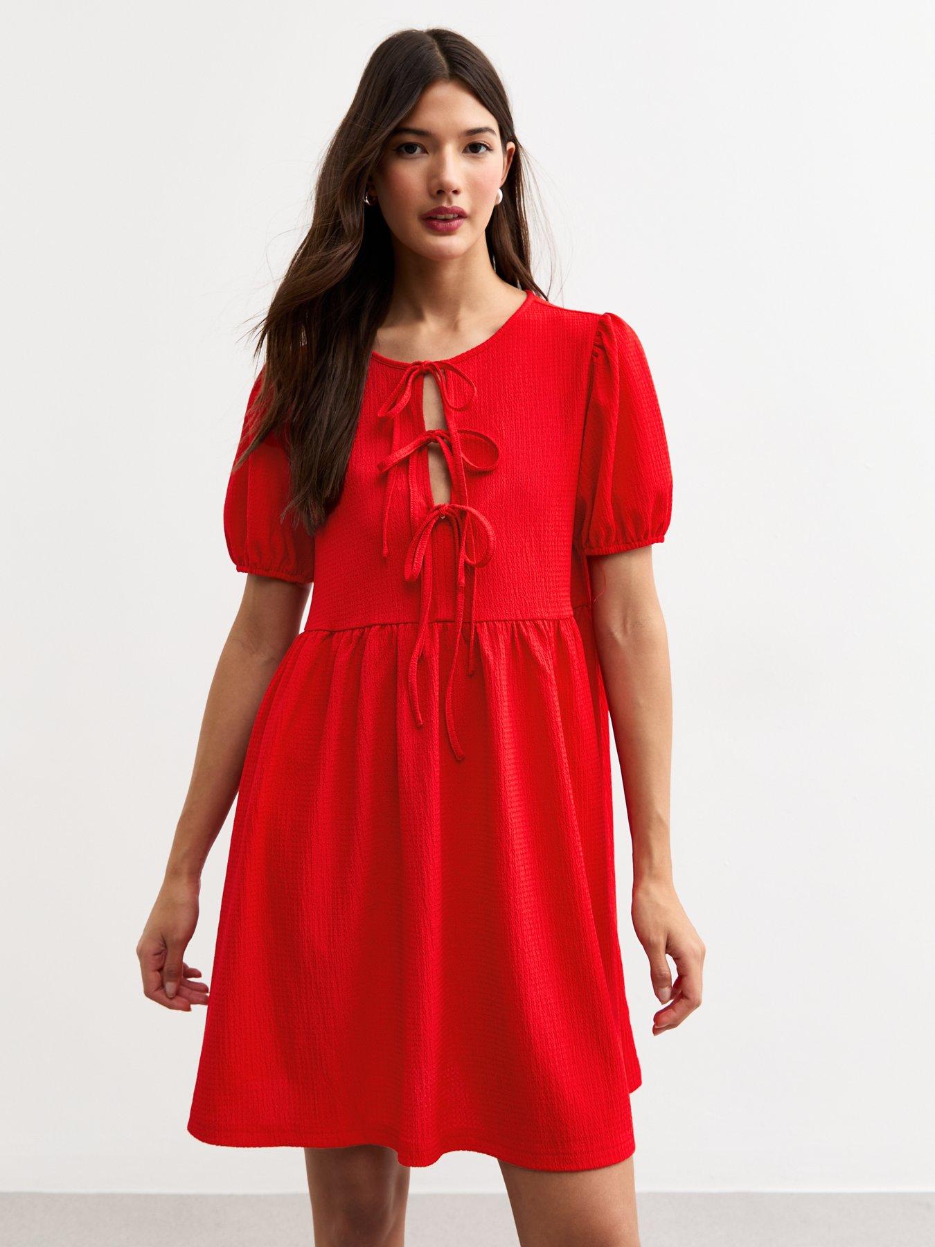 undefined Red Crinkled Texture Tie Front Mini Dress