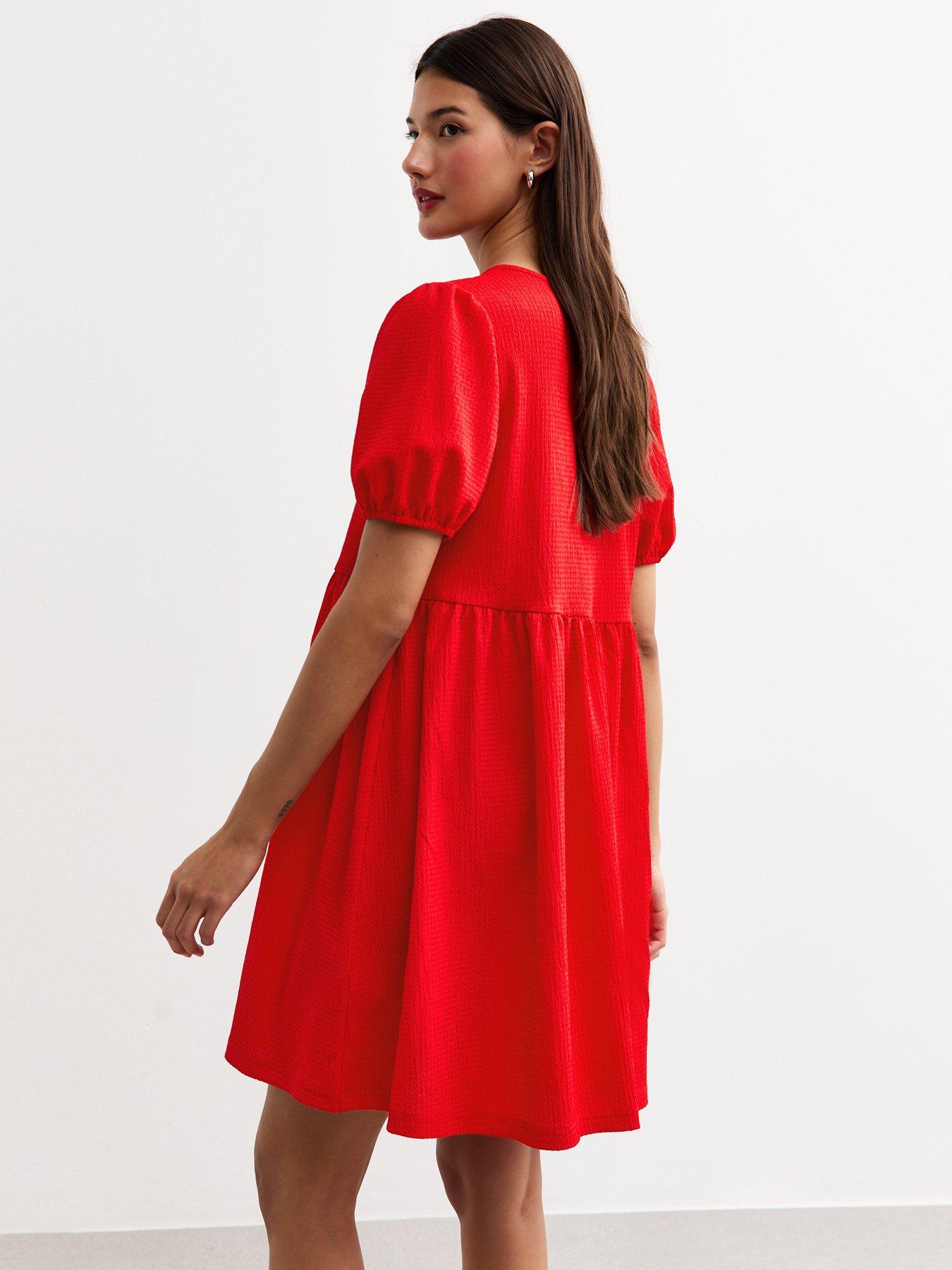 Image 2 of 5 of New Look Red Crinkled Texture Tie Front Mini Dress