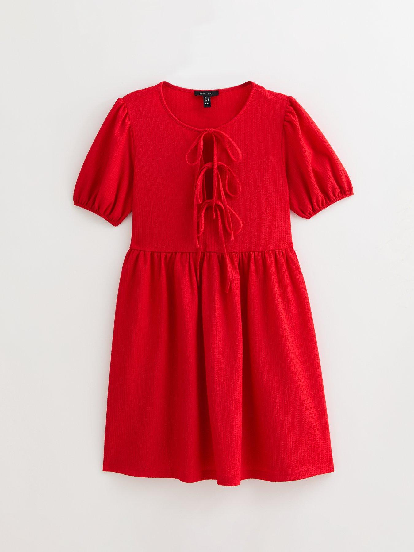Image 5 of 5 of New Look Red Crinkled Texture Tie Front Mini Dress