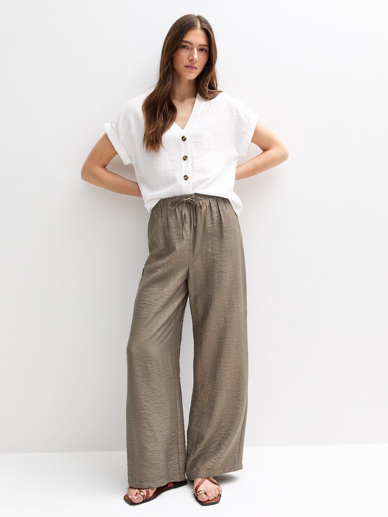 undefined Khaki Crinkled Wide Leg Trousers