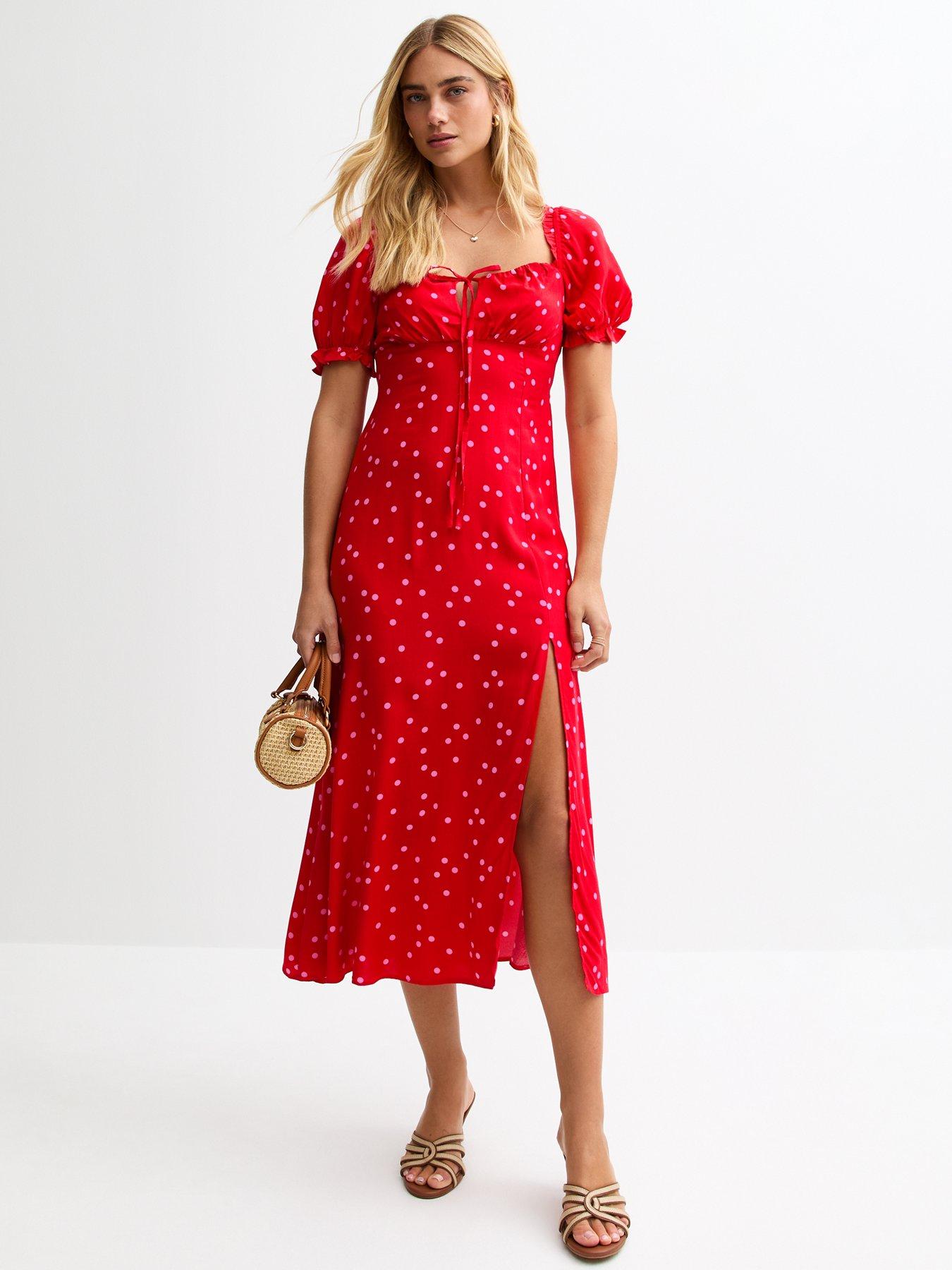 undefined Polka Dot Tie Front Milkmaid Midi Dress - Red