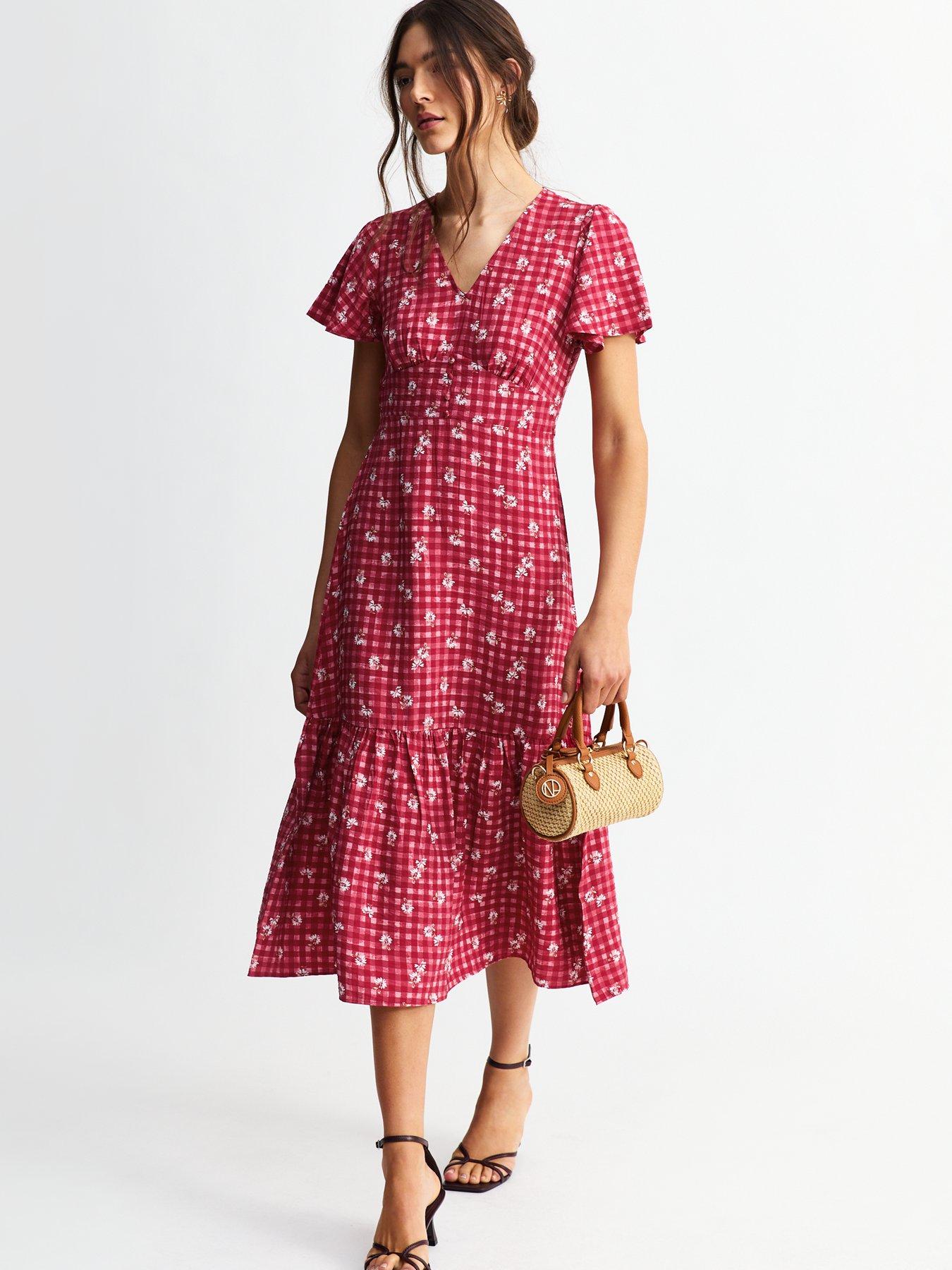 Image of New Look Red Gingham Floral Print Midi Dress