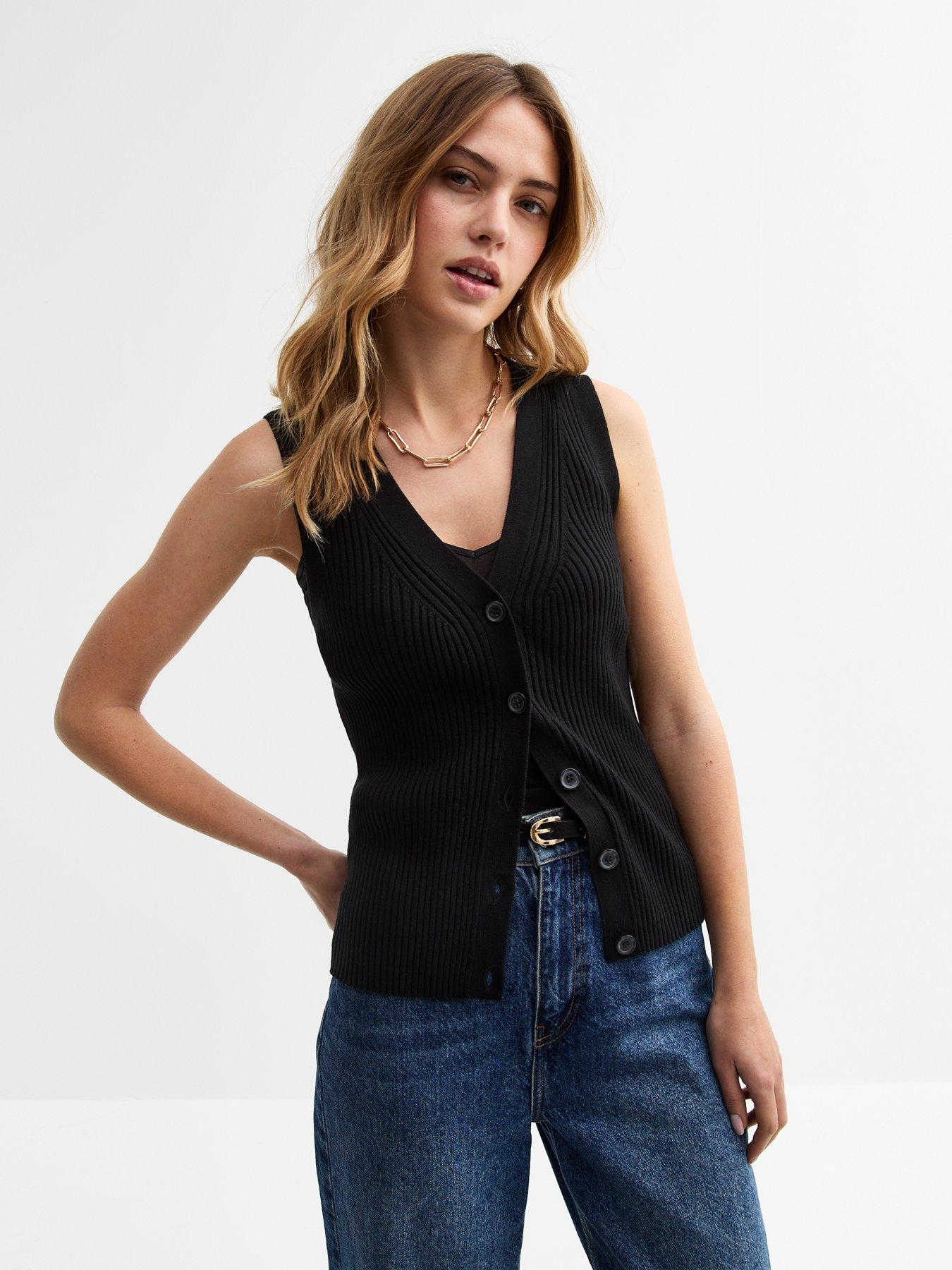 undefined Black Ribbed Knitted Button Front Vest
