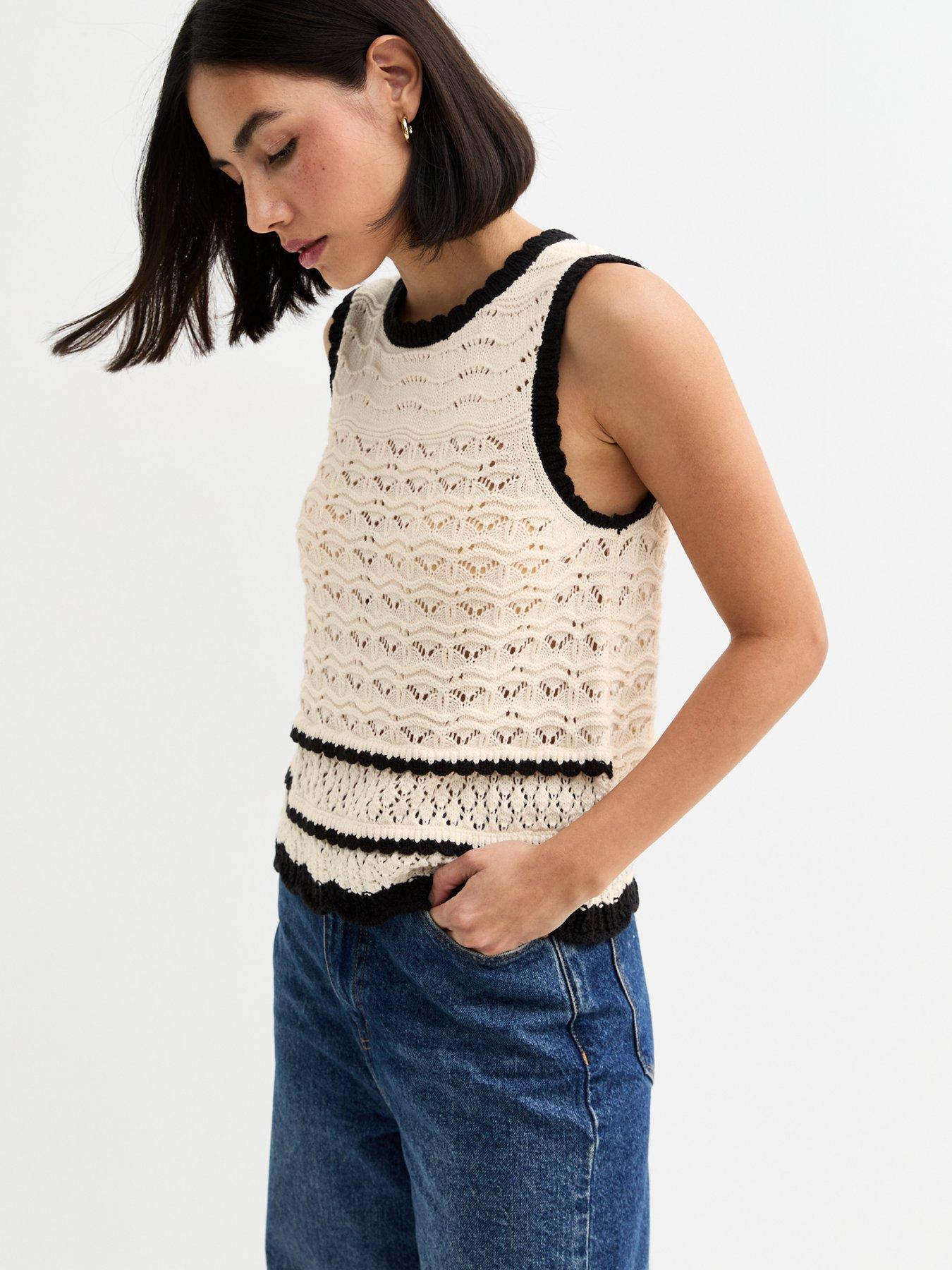 undefined Cream Open Knit Contrast Trim Vest