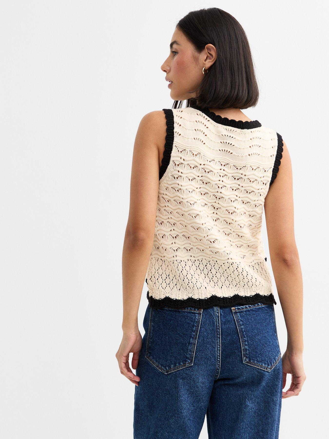 Image 2 of 5 of New Look Cream Open Knit Contrast Trim Vest