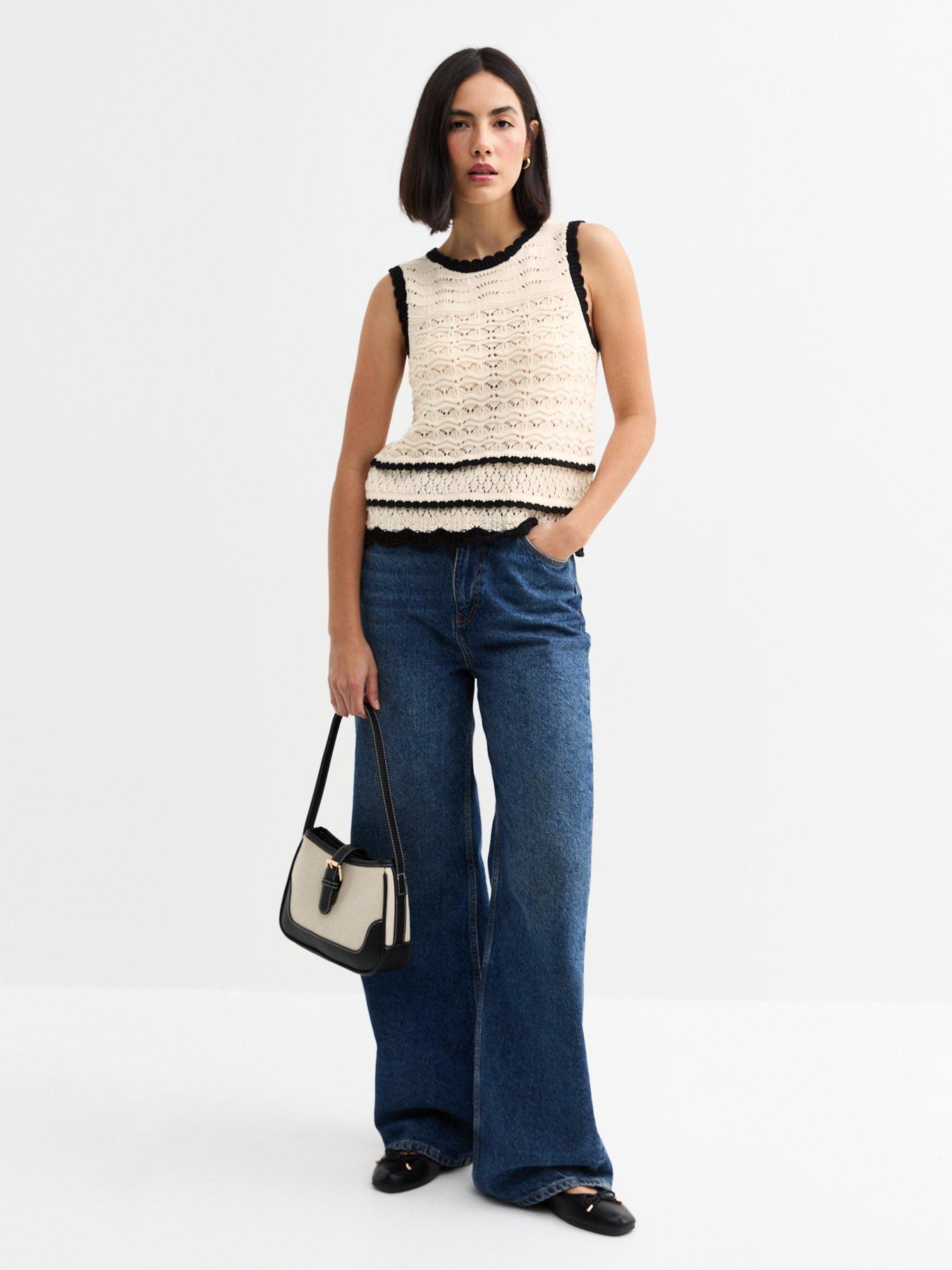 Image 3 of 5 of New Look Cream Open Knit Contrast Trim Vest
