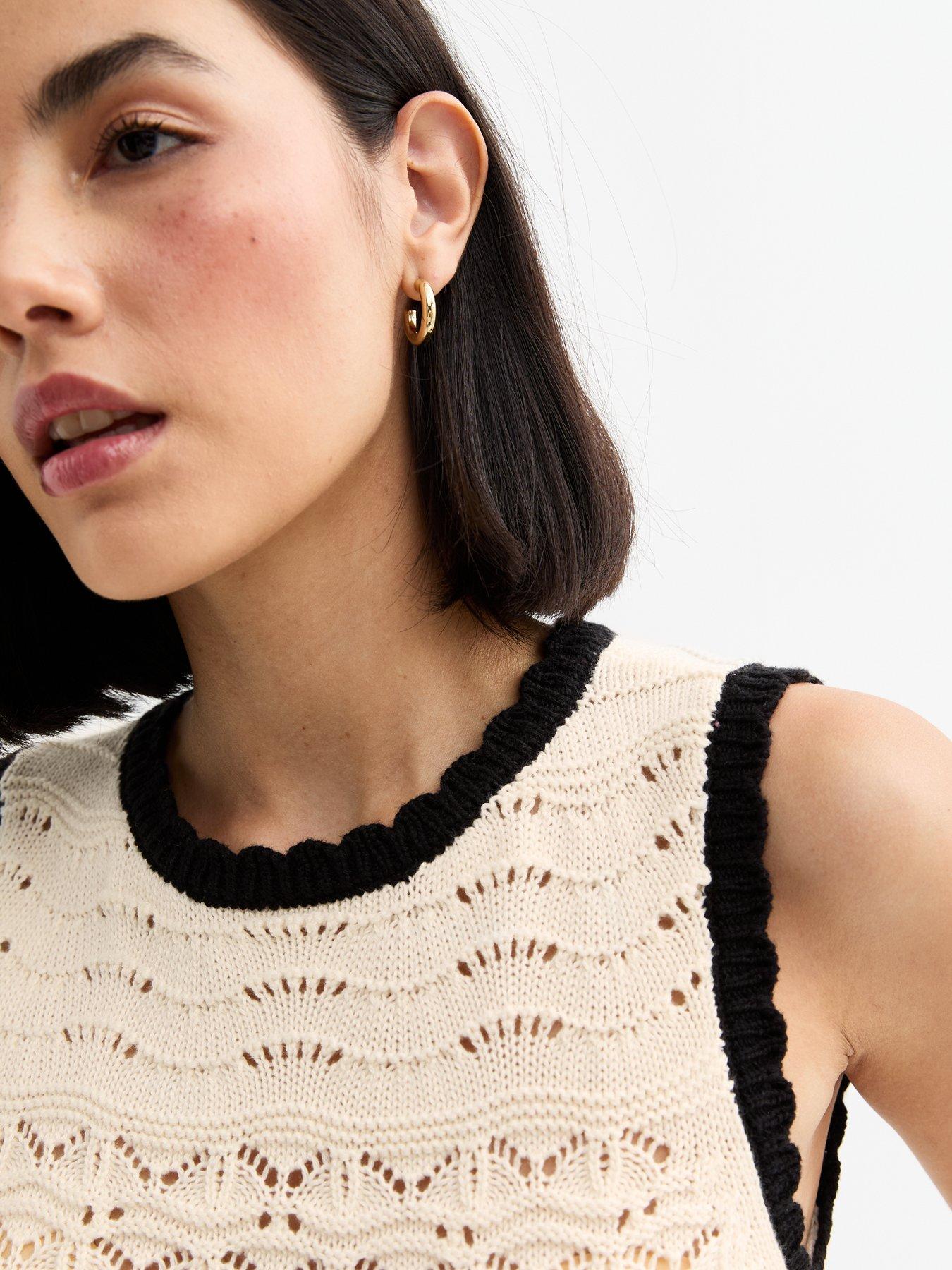 Image 4 of 5 of New Look Cream Open Knit Contrast Trim Vest