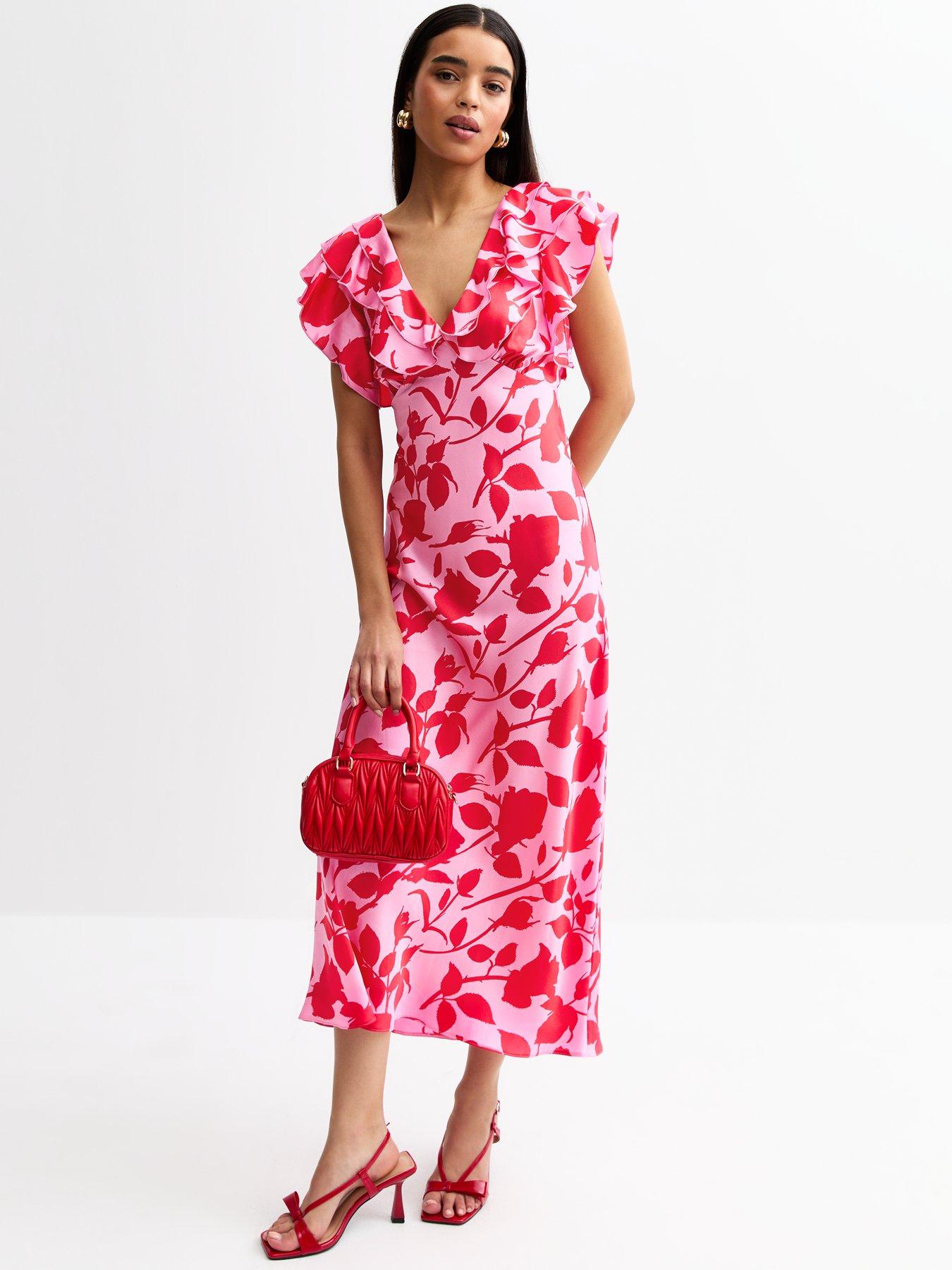 undefined Pink Satin Floral Print Ruffle Trim Midi Dress