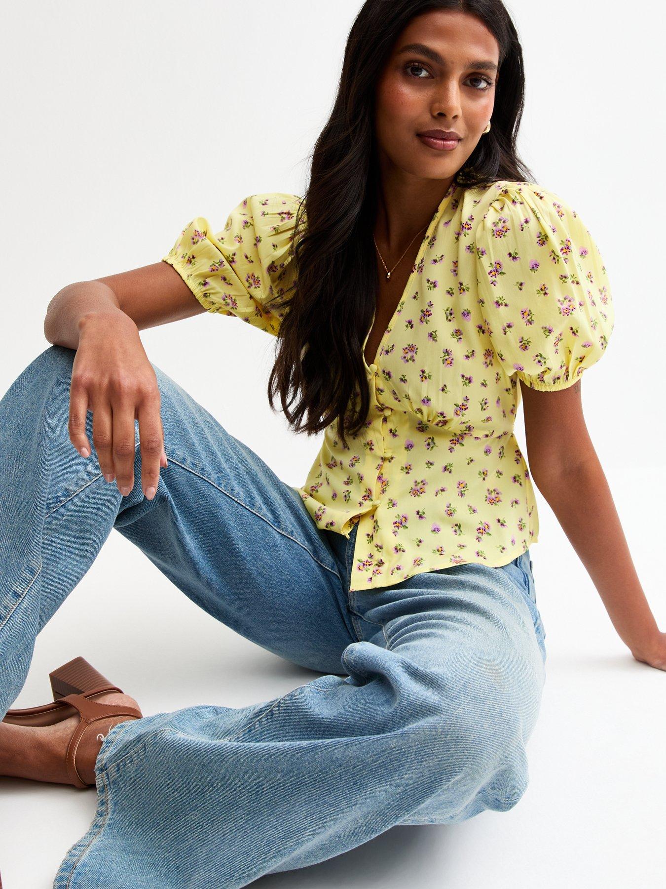undefined Yellow Crepe Ditsy Print Button Front Milkmaid Top