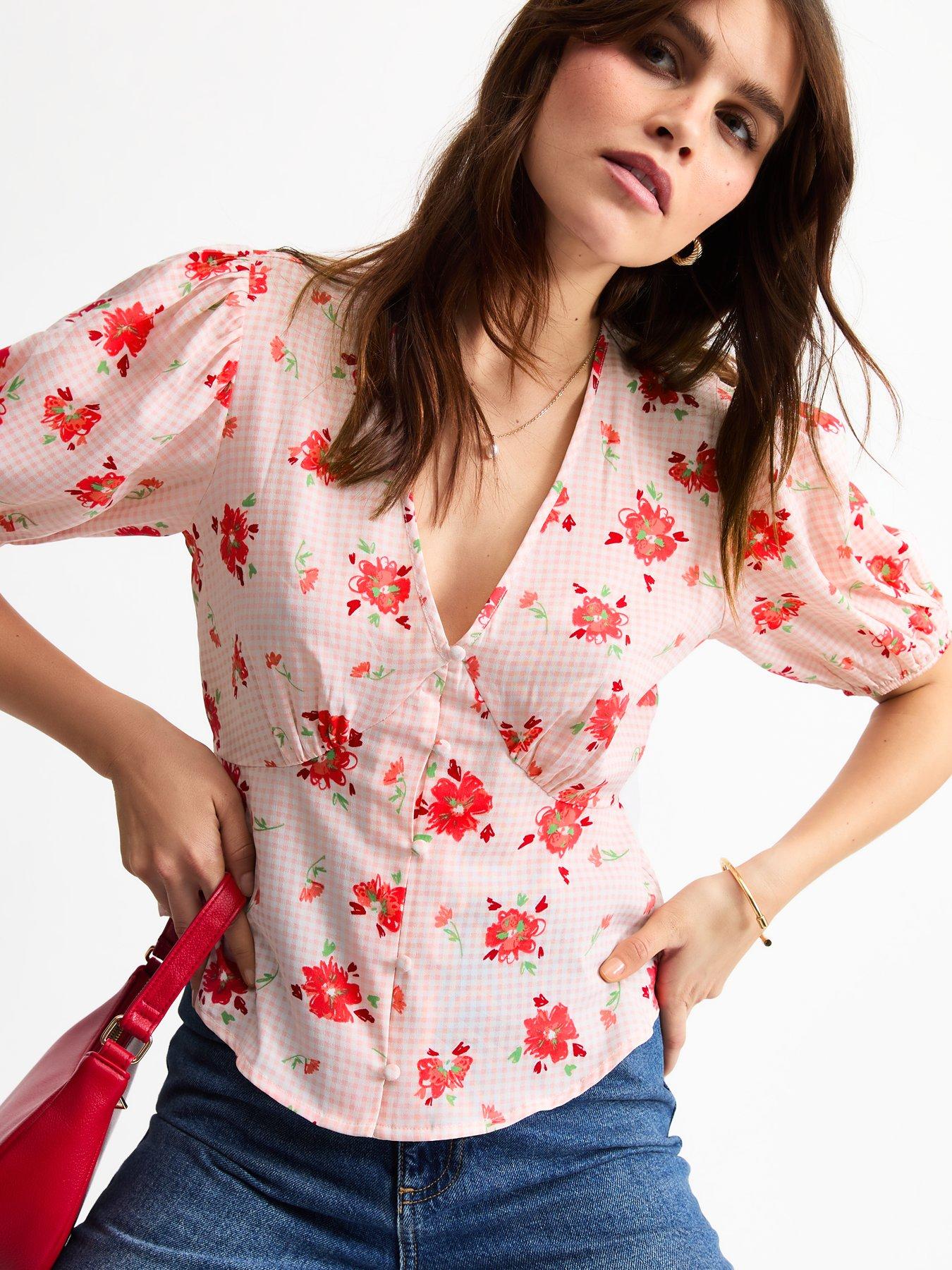 undefined Pink Gingham Floral Print Milkmaid Top
