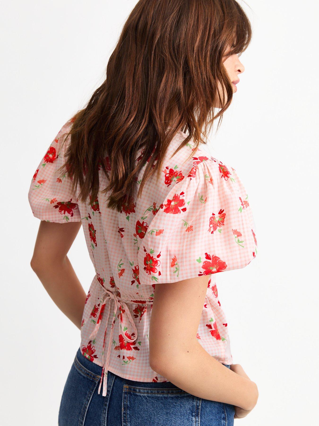 Image 2 of 5 of New Look Pink Gingham Floral Print Milkmaid Top