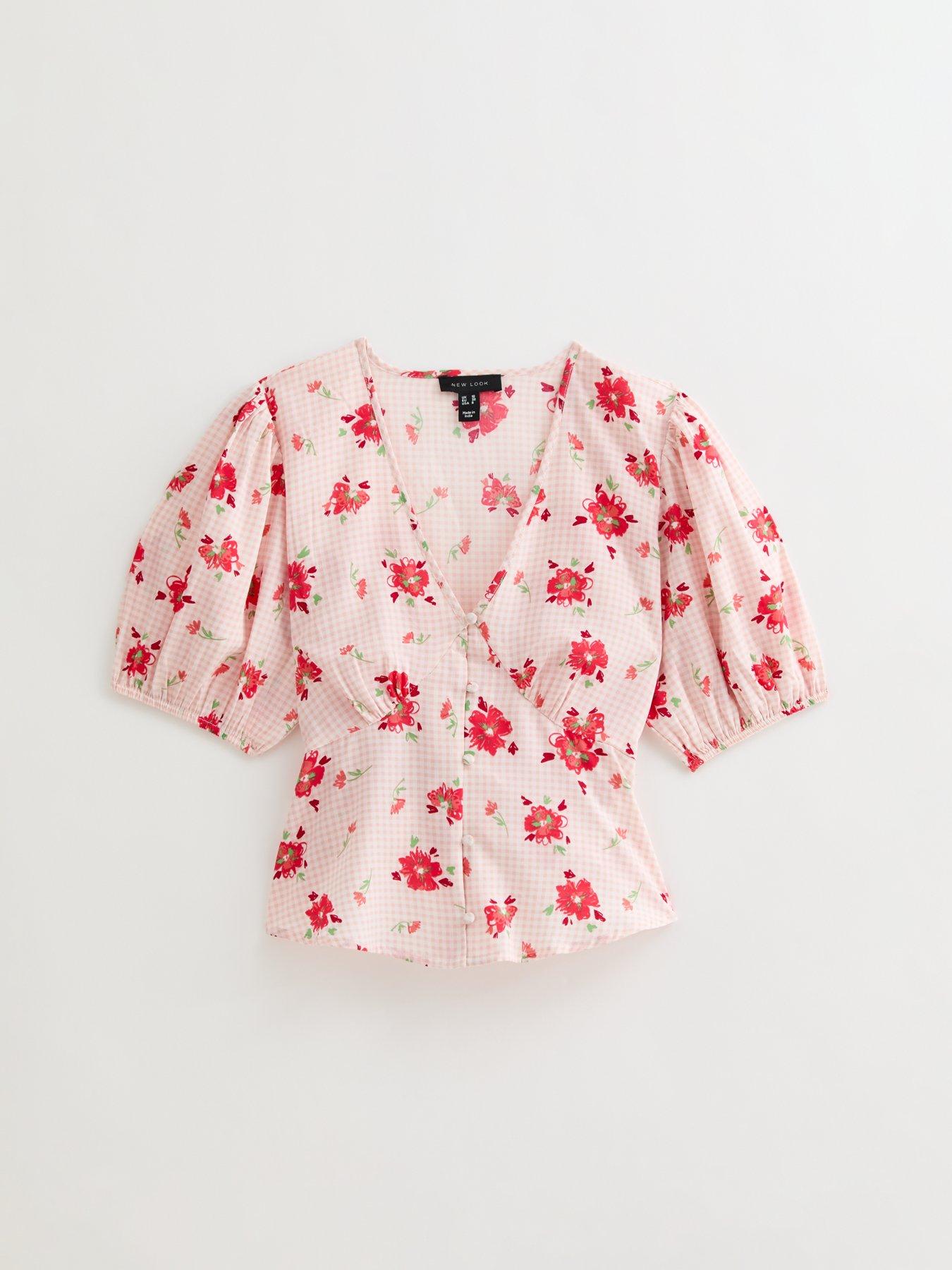 Image 5 of 5 of New Look Pink Gingham Floral Print Milkmaid Top