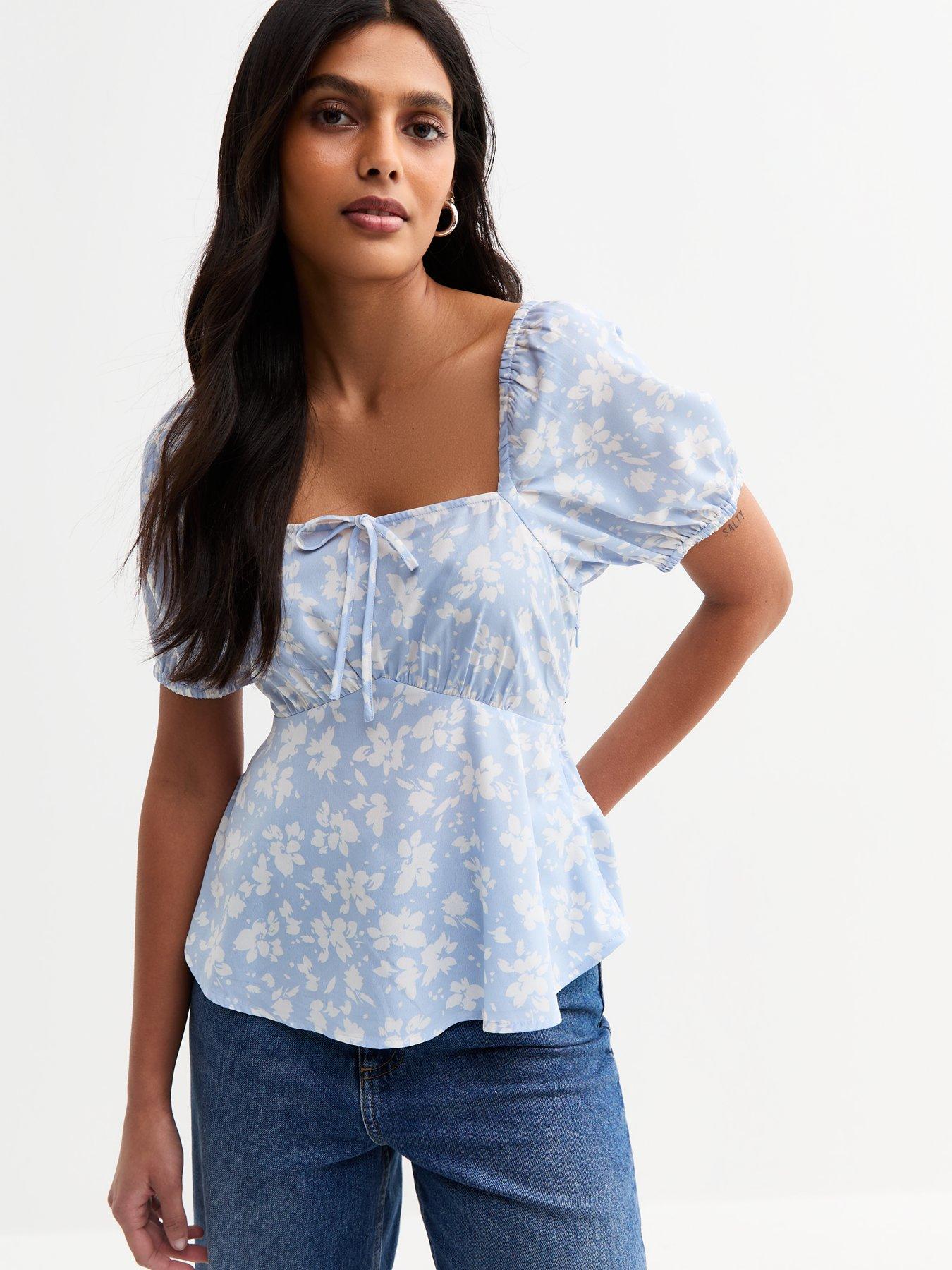 Image 1 of 4 of New Look Floral Print Peplum Top - Blue