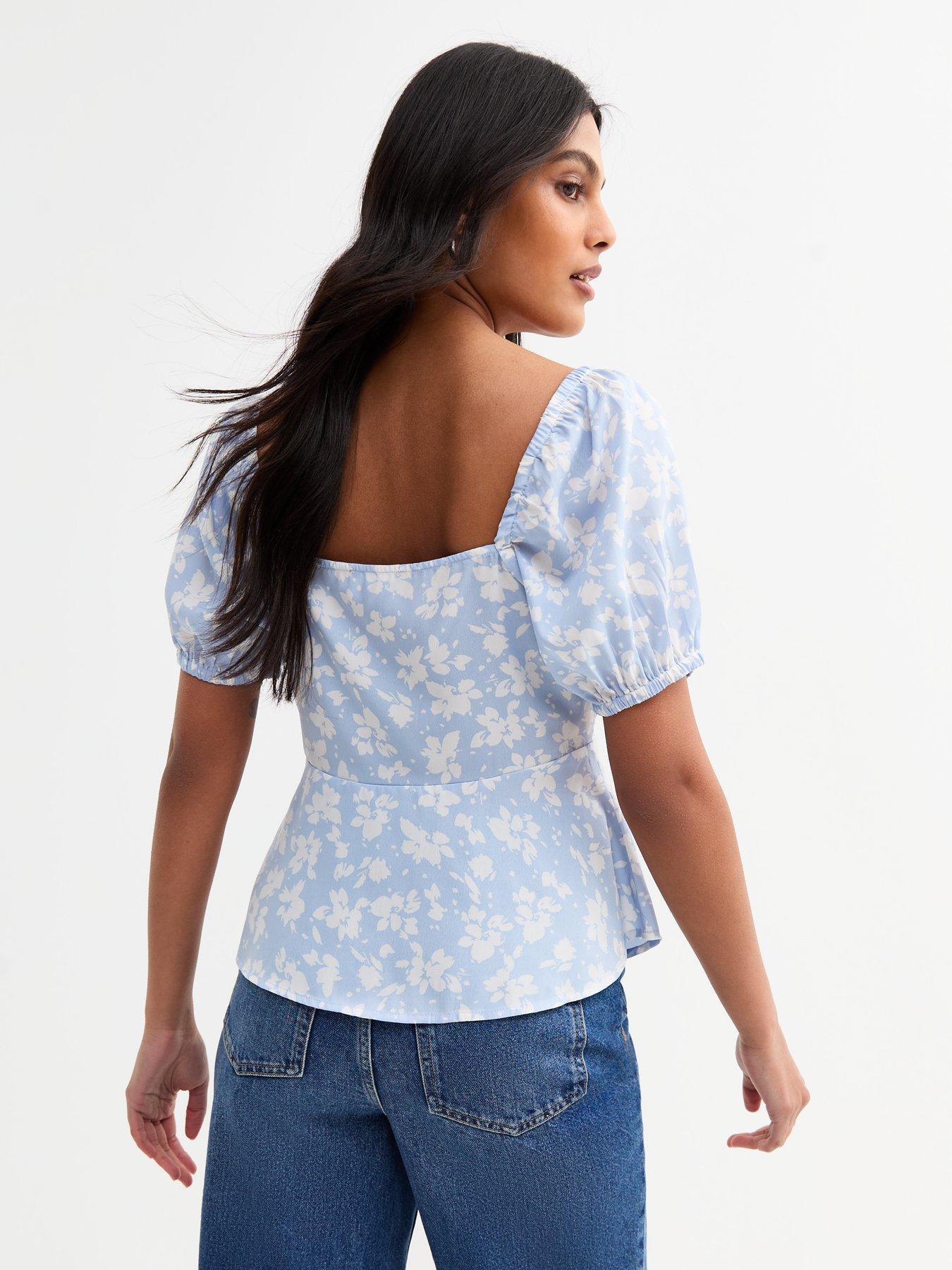 Image 2 of 4 of New Look Floral Print Peplum Top - Blue