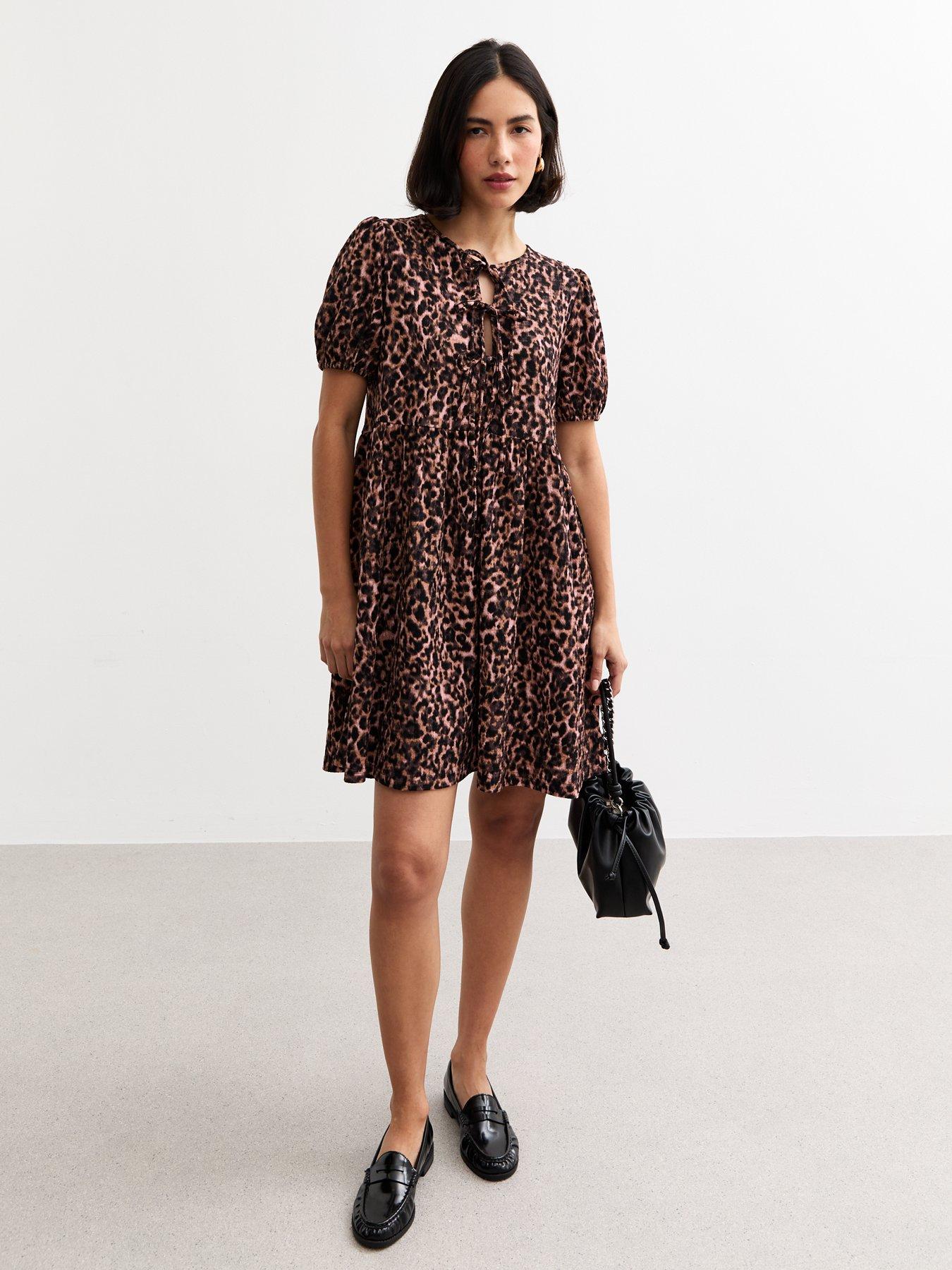undefined Brown Crinkled Leopard Print Tie Front Mini Dress