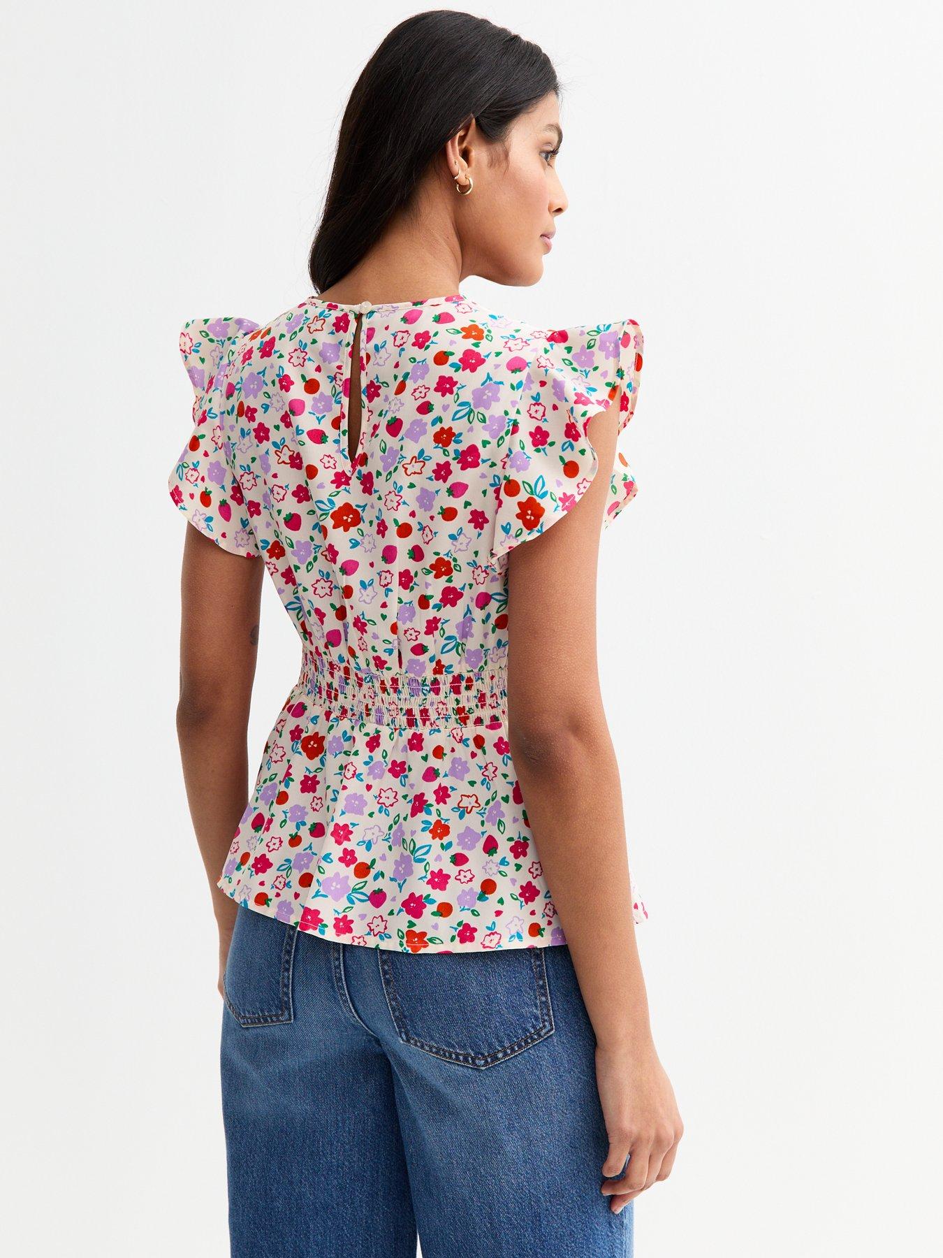 Image 2 of 5 of New Look Floral Print Ruffled Top - White