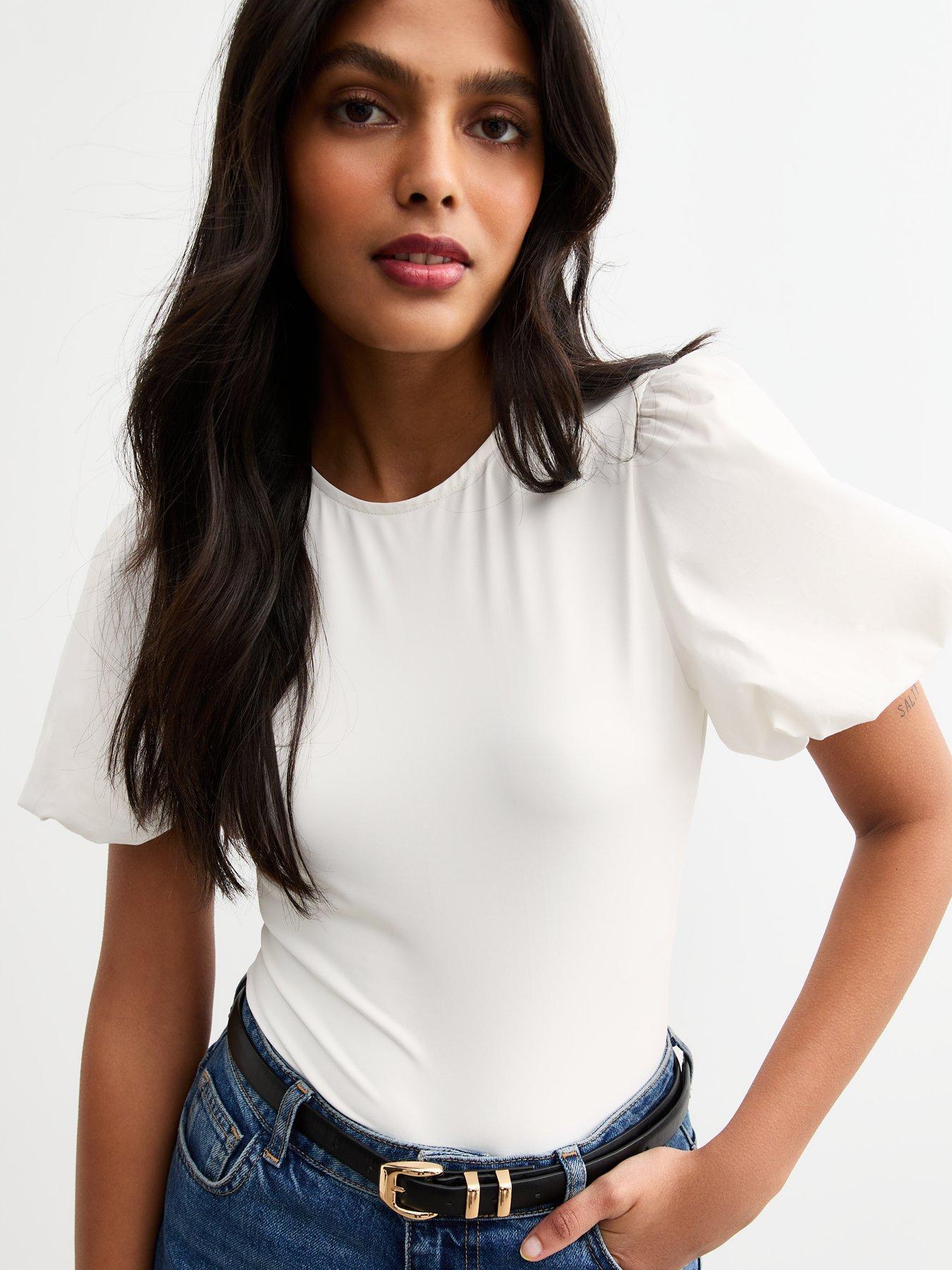 undefined White Puff Sleeve Bodysuit